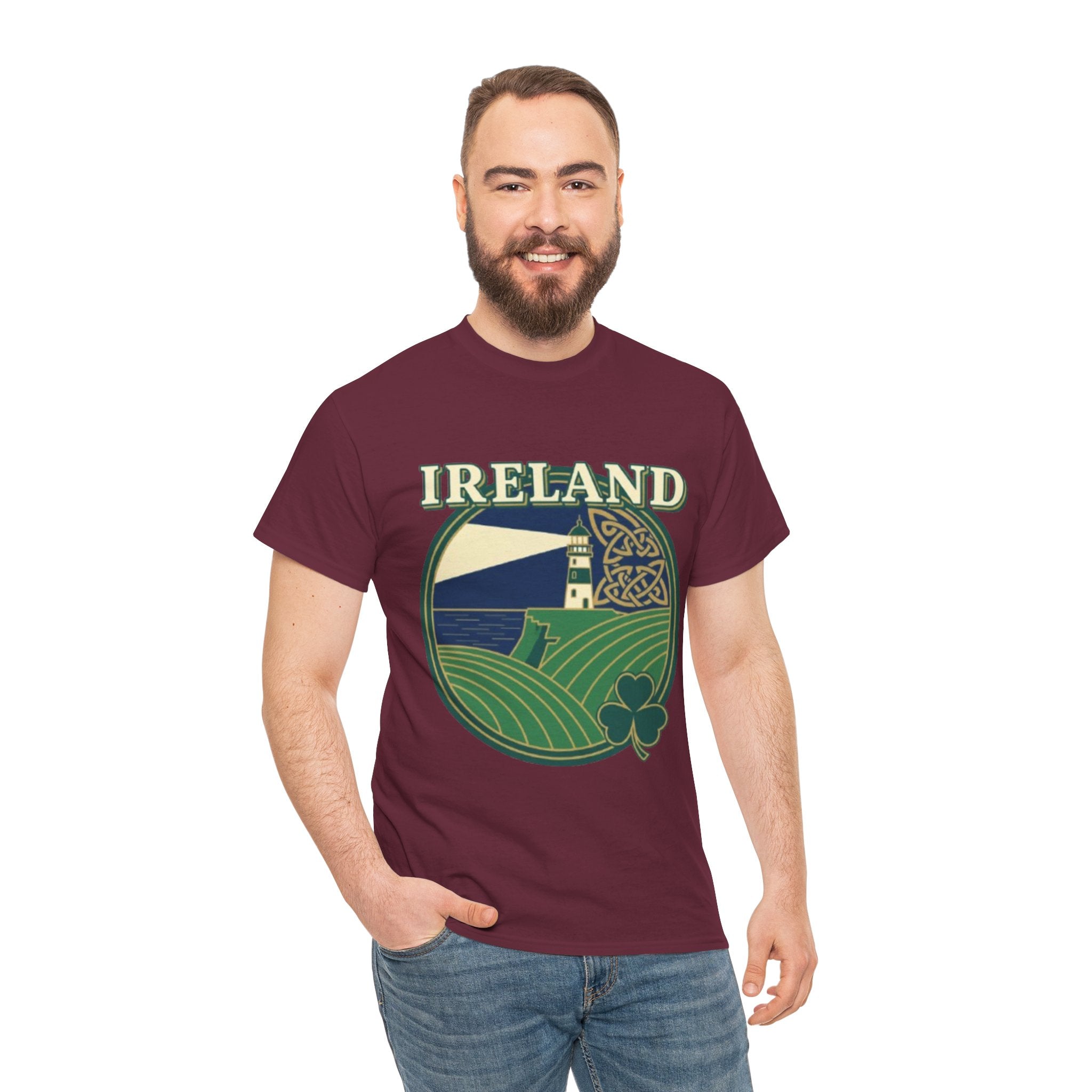 Ireland Scenic Tee — Celtic Lighthouse & Shamrock Graphic T-Shirt