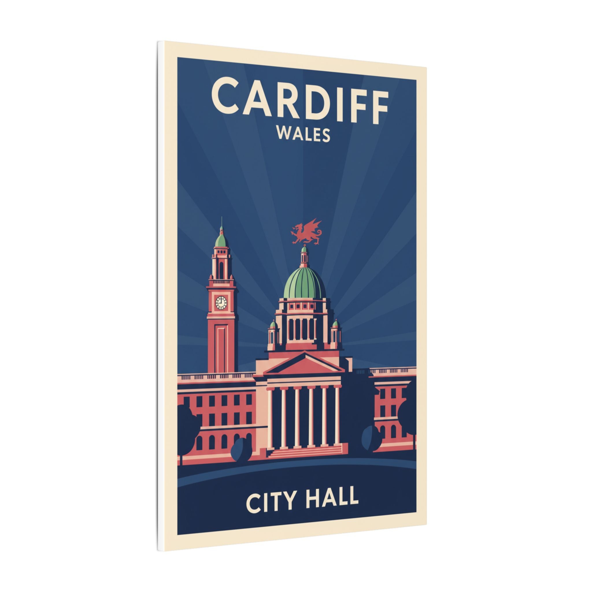 Cardiff City Hall Matte Canvas Wall Art — Vintage Wales Travel Poster