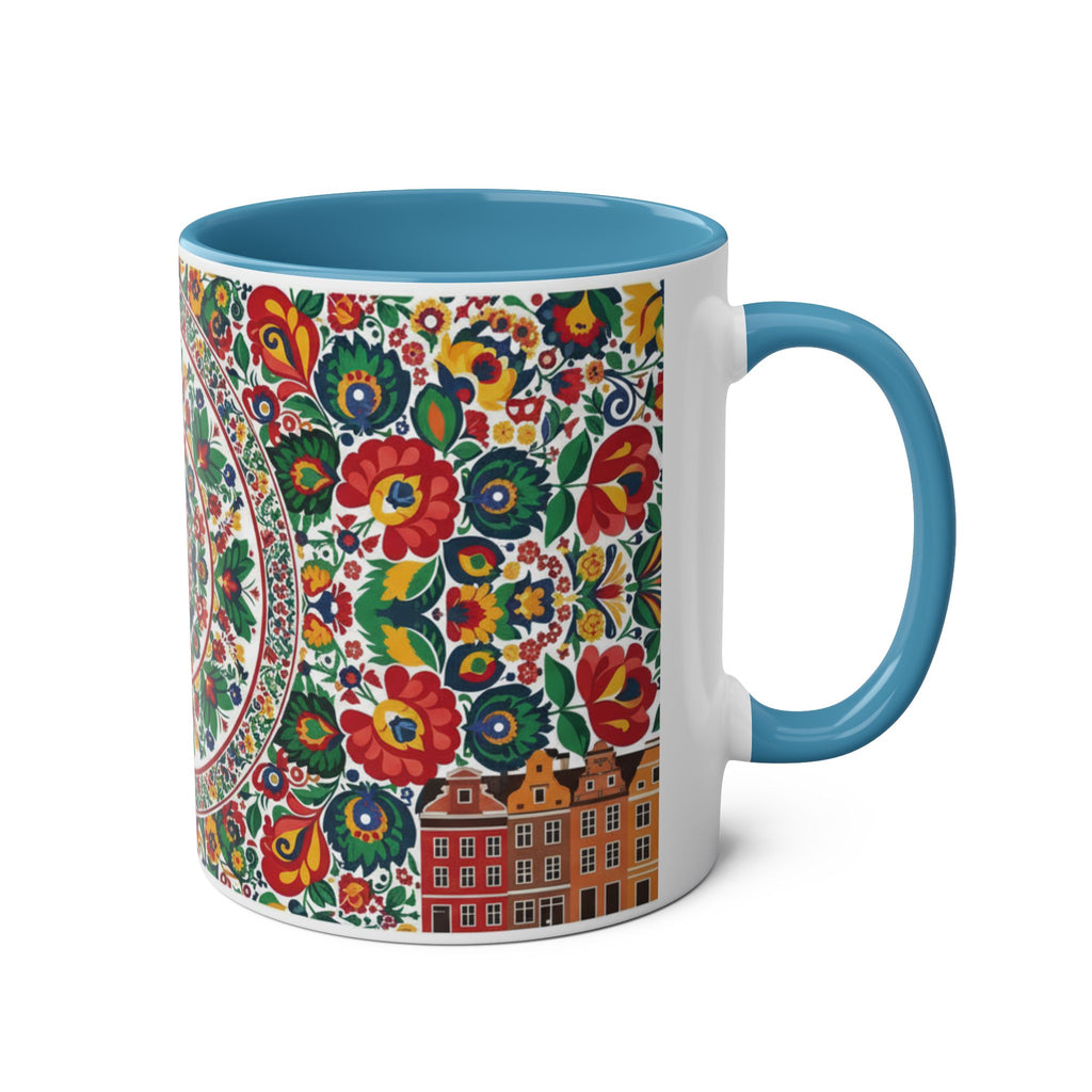 Floral Mandala Two-Tone Coffee Mug — Colorful Folk Art 11oz