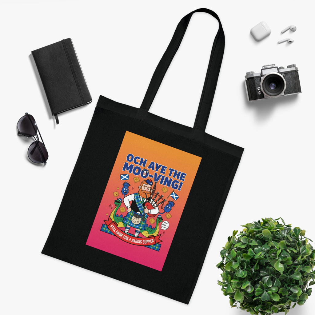 Scottish Cow Cartoon Cotton Tote — "Och Aye the Moo-ving!" Funny Celtic Grocery Bag