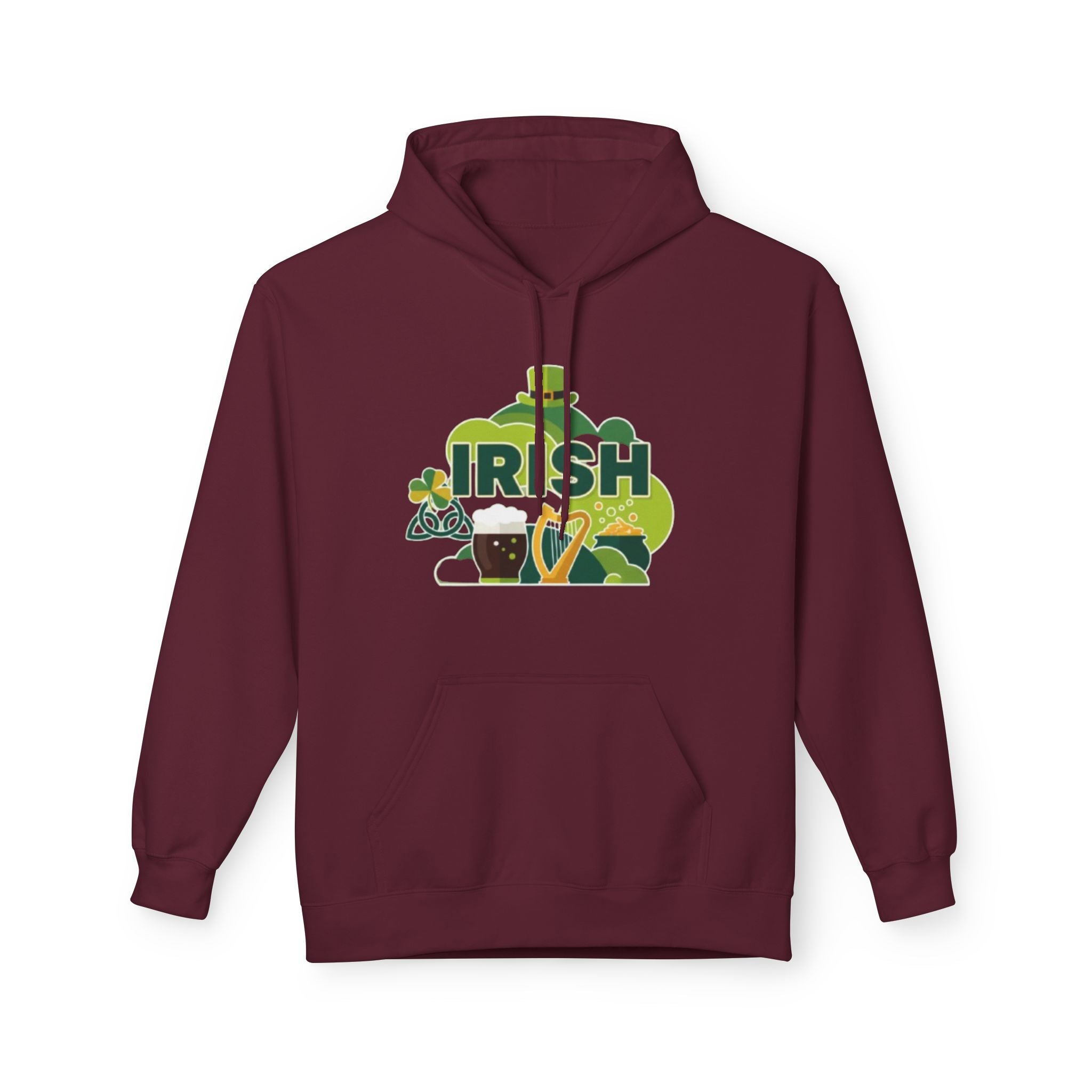 Irish St. Patrick's Day Hoodie — Shamrock, Leprechaun Hat & Pint Design