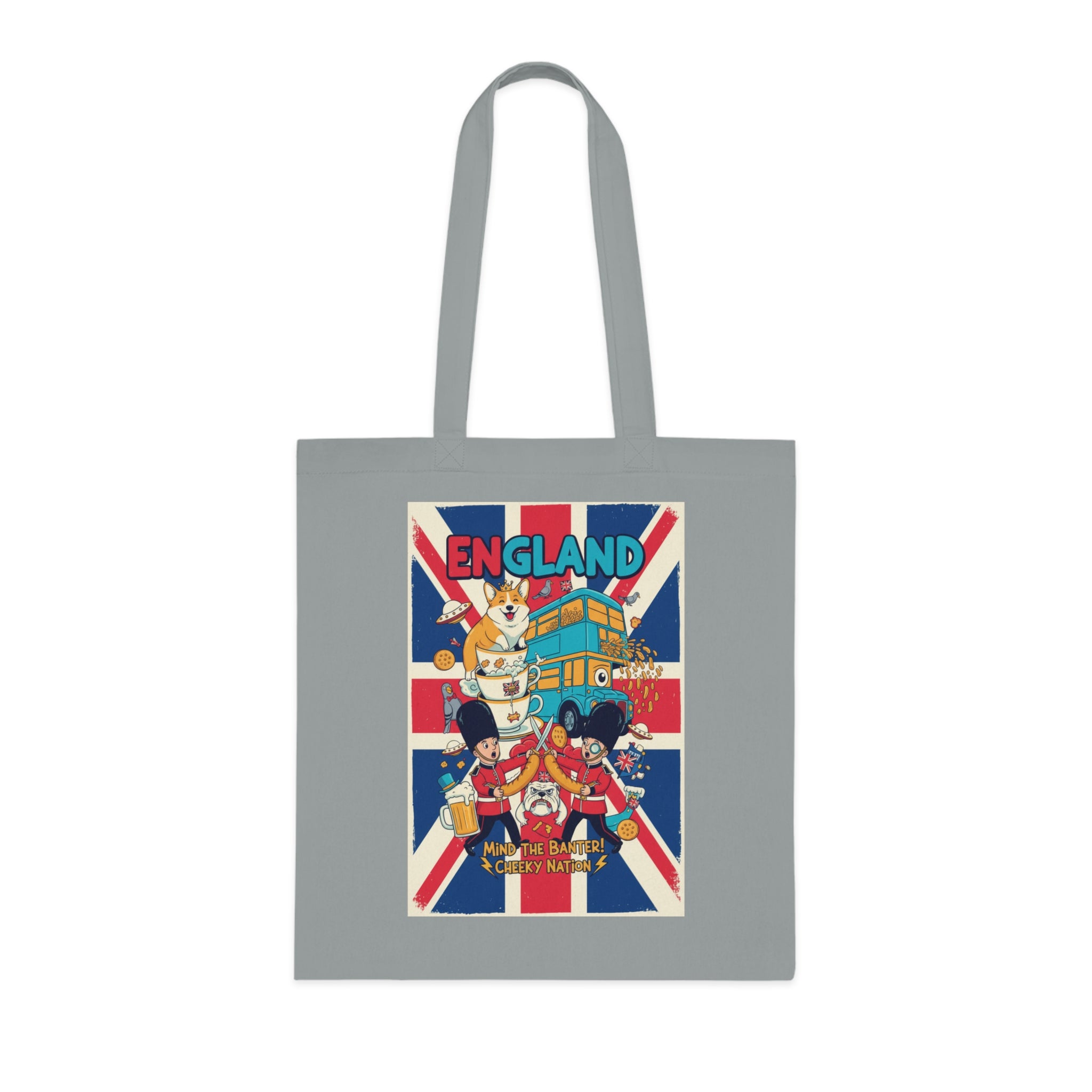 England Union Jack Cotton Tote Bag – Cute London Icons (Big Ben, Double Decker, Guards)