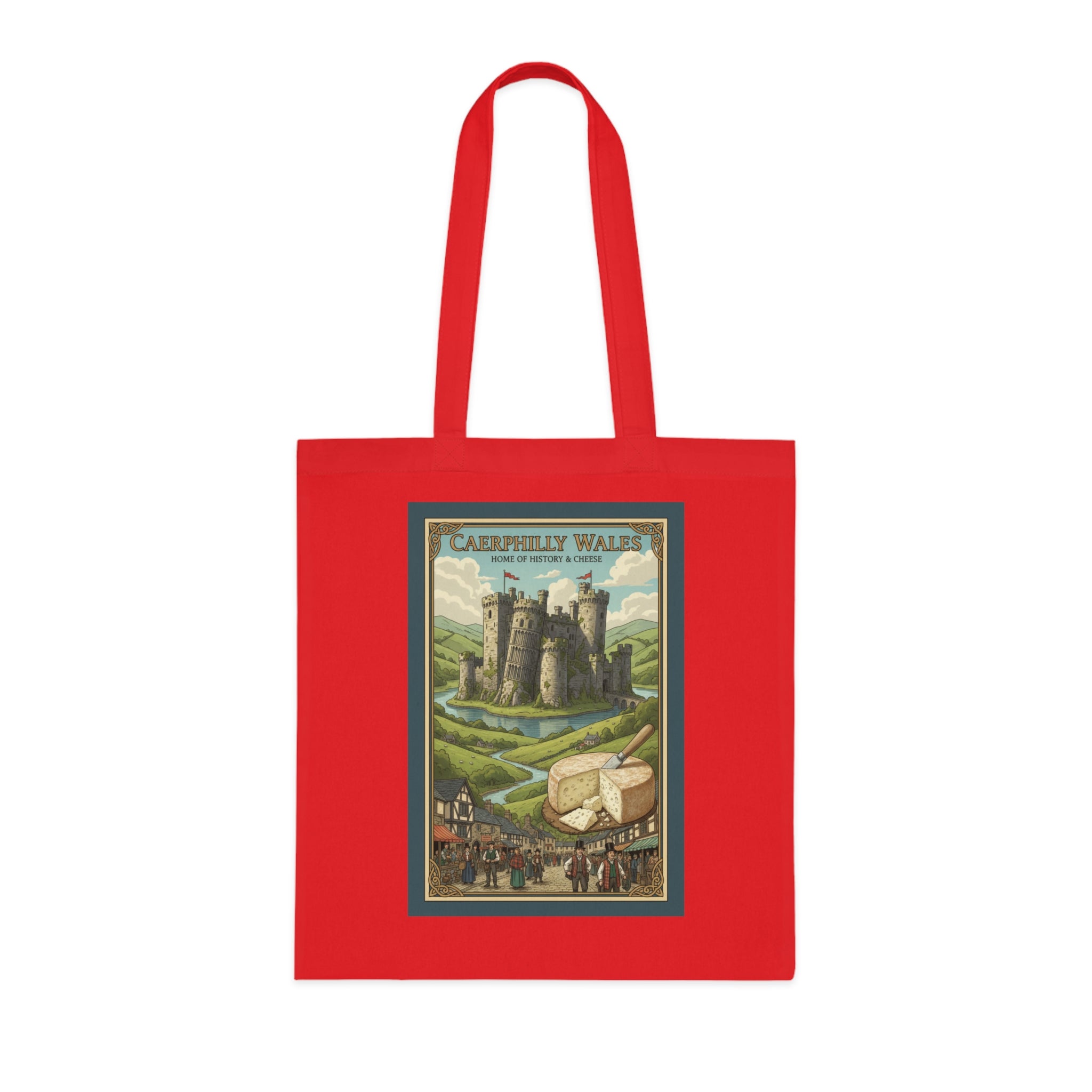 Vintage Castle & Cheese Market Cotton Tote — 'Caerphilly Wales' Retro Travel Poster Tote