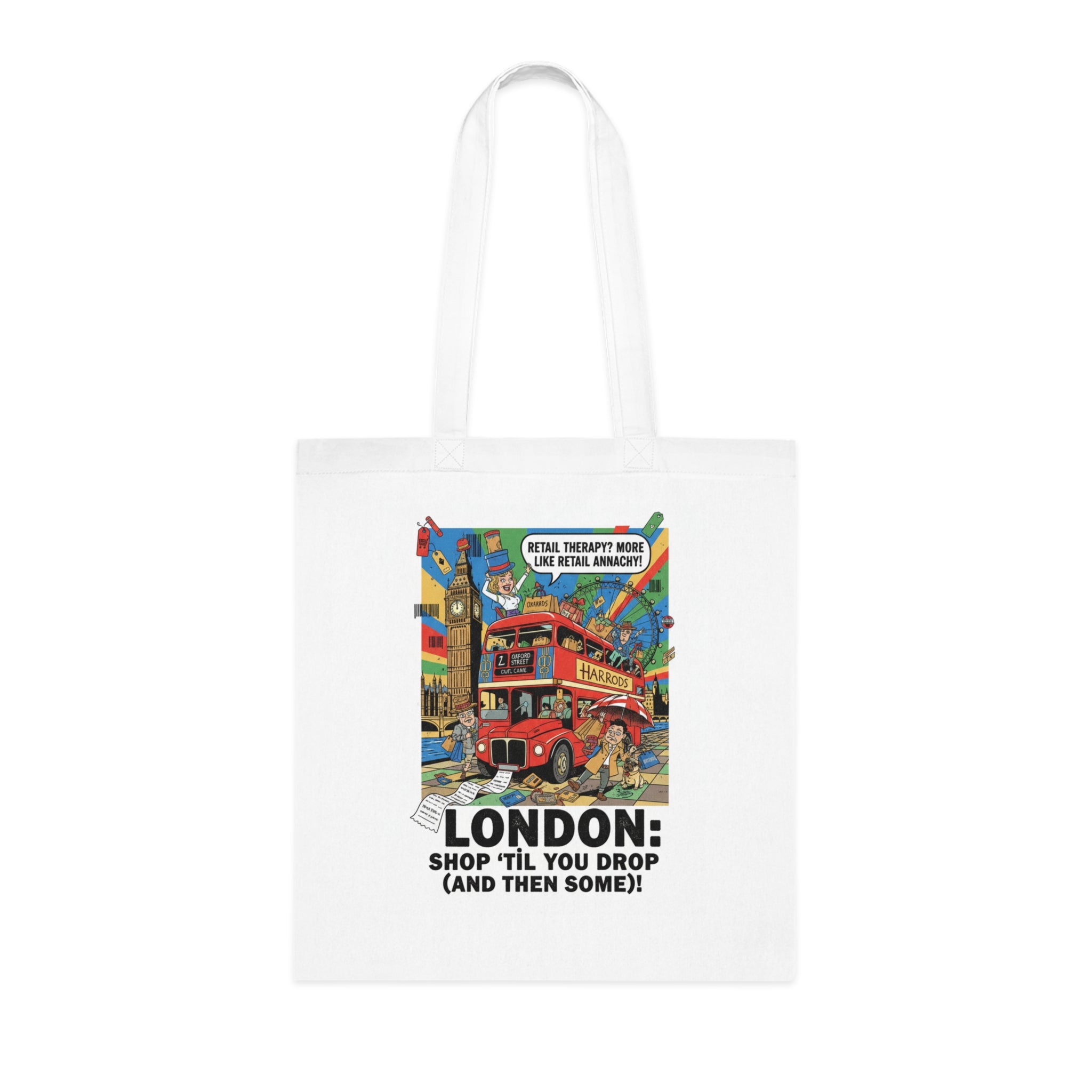 London Vintage Travel Tote Bag — "Shop 'Til You Drop (And Then Some)!" Cotton Shopper
