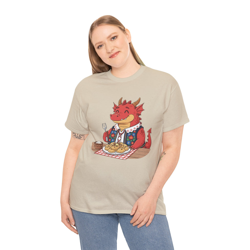 Dragon Eating Pierogi T-Shirt — "Mój nowy smok. Też lubi pierogi." Cute Polish Food Tee