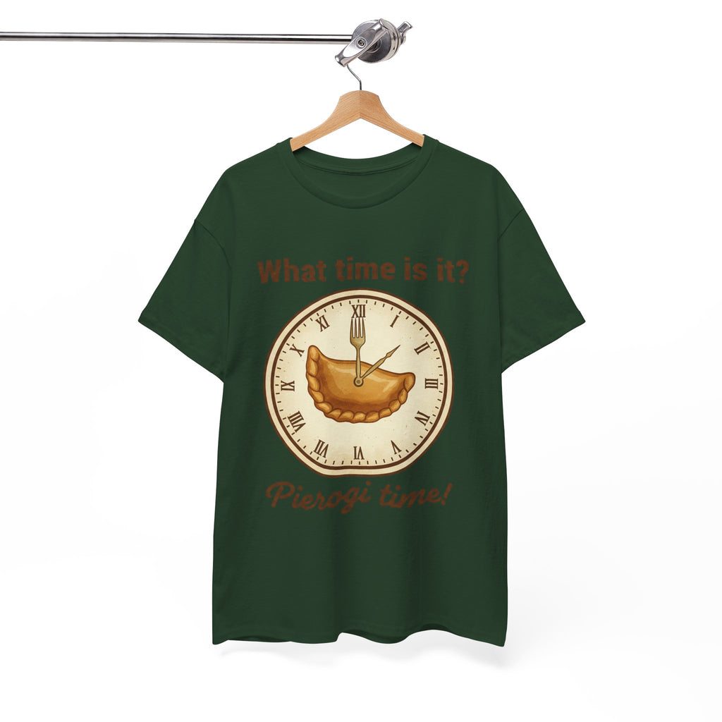 Pierogi Time T‑Shirt — "What time is it? Pierogi time!" Vintage Clock Food Tee
