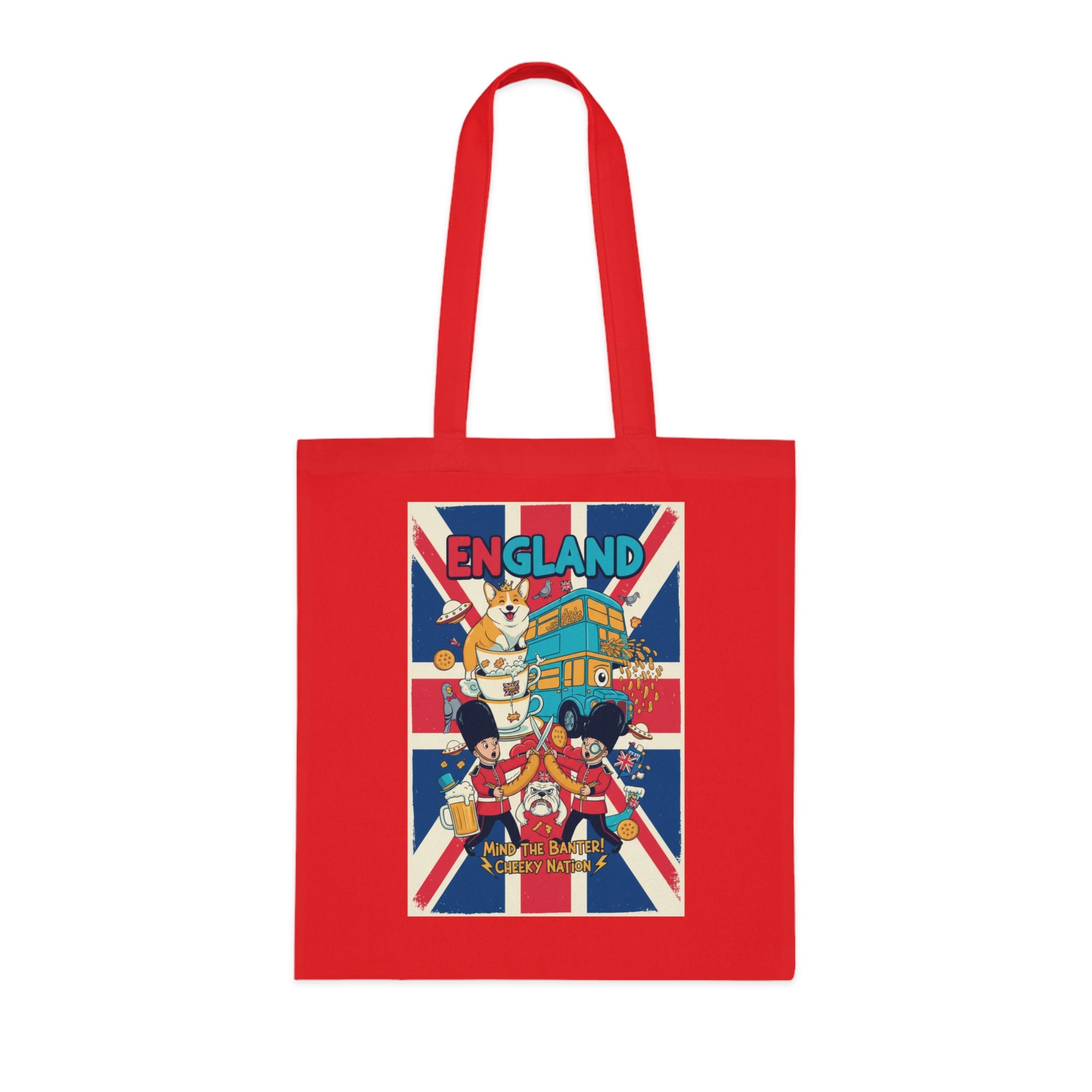 England Union Jack Cotton Tote Bag – Cute London Icons (Big Ben, Double Decker, Guards)