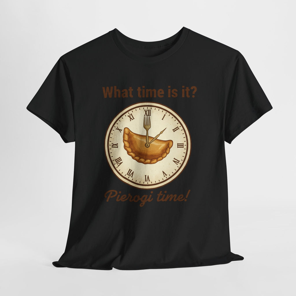 Pierogi Time T‑Shirt — "What time is it? Pierogi time!" Vintage Clock Food Tee