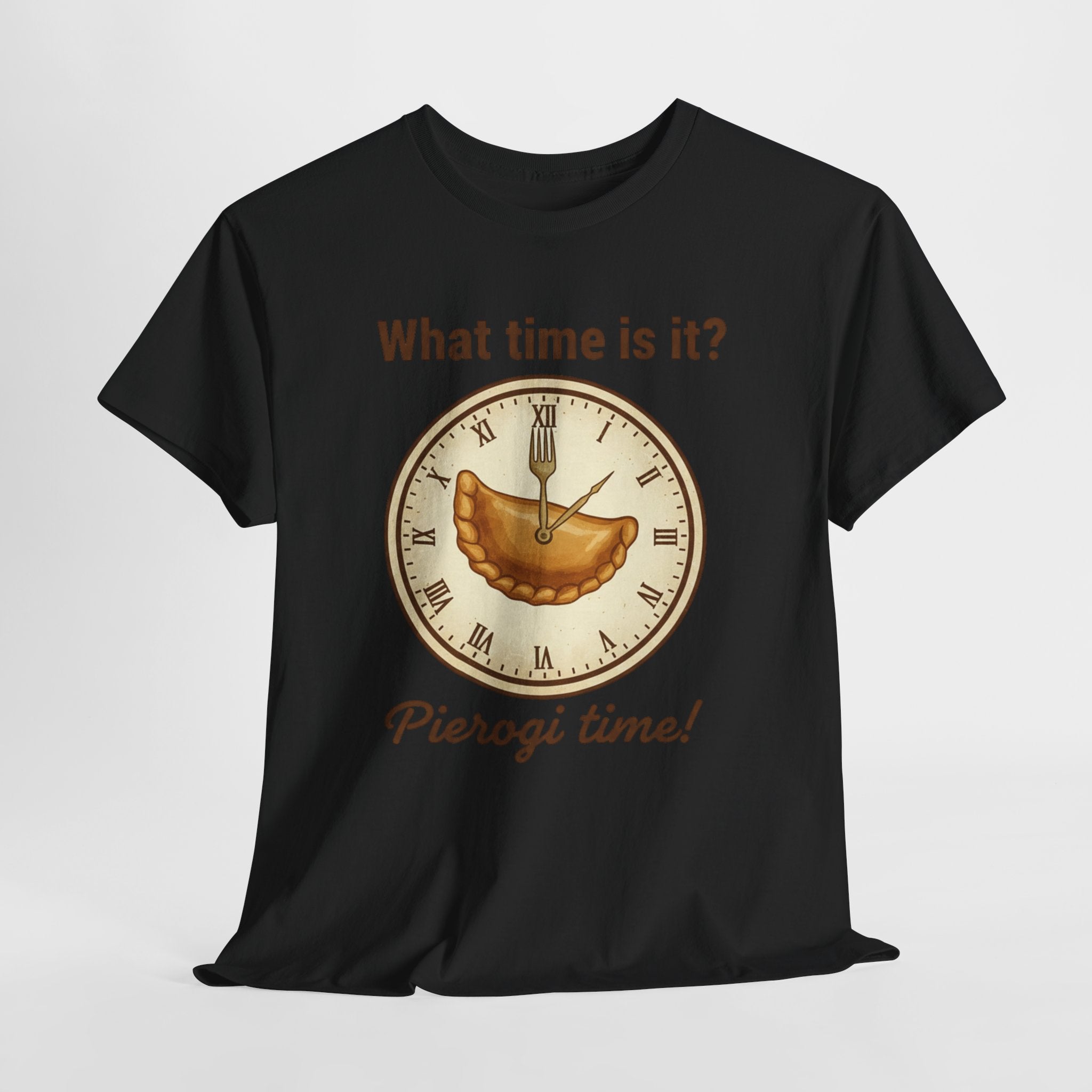 Pierogi Time T‑Shirt — "What time is it? Pierogi time!" Vintage Clock Food Tee
