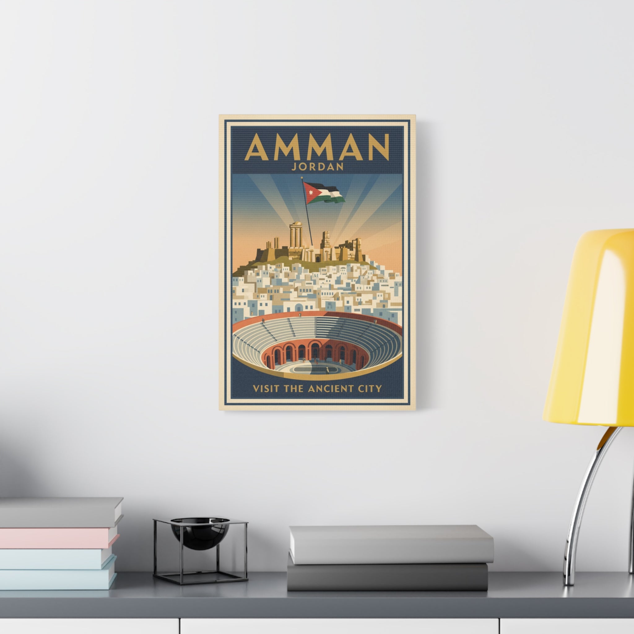Amman Jordan Vintage Travel Canvas – "Visit the Ancient City" Stretched Wall Art