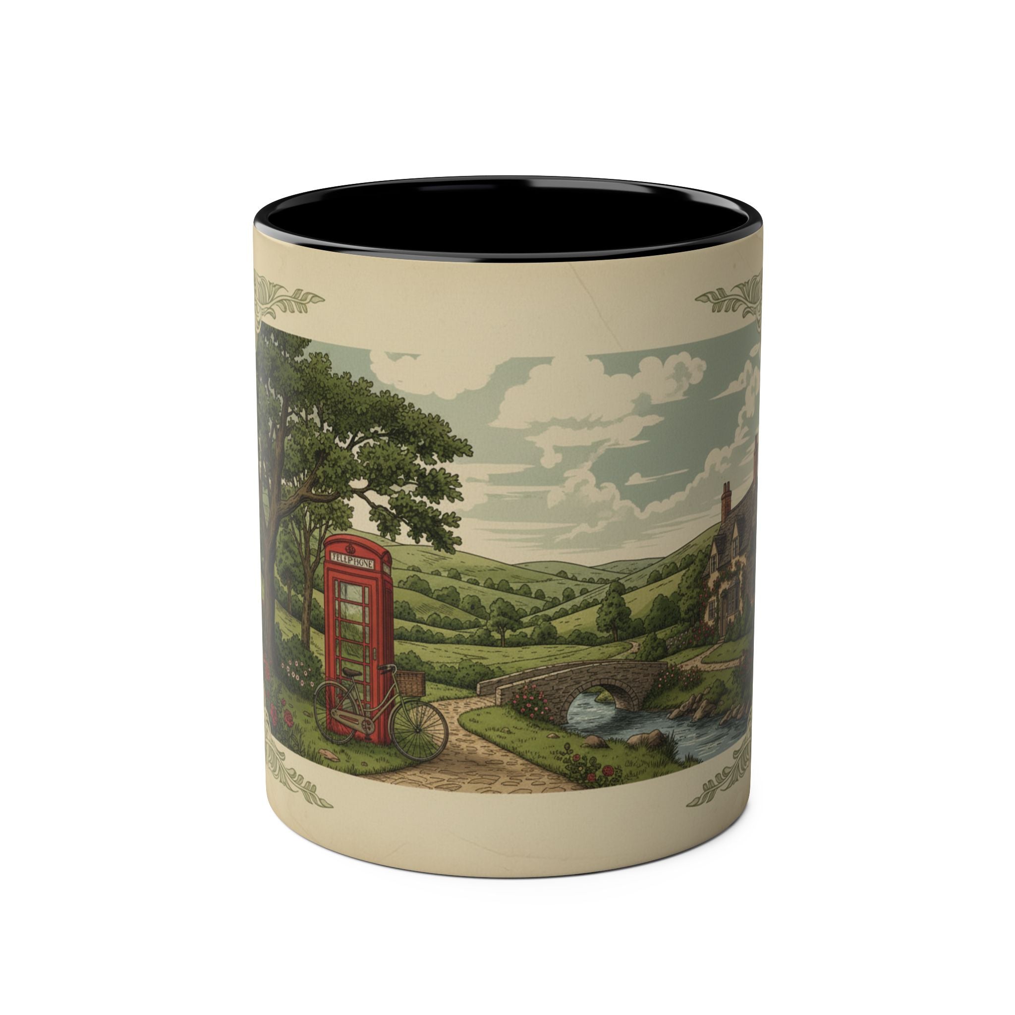 Vintage Countryside Coffee Mug – Red Phone Booth Scenic 11oz Two-Tone