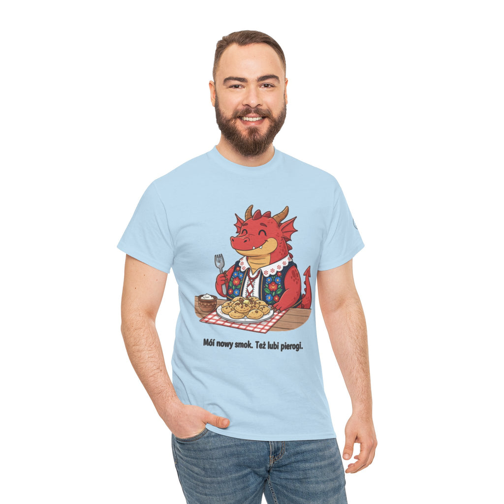 Dragon Eating Pierogi T-Shirt — "Mój nowy smok. Też lubi pierogi." Cute Polish Food Tee