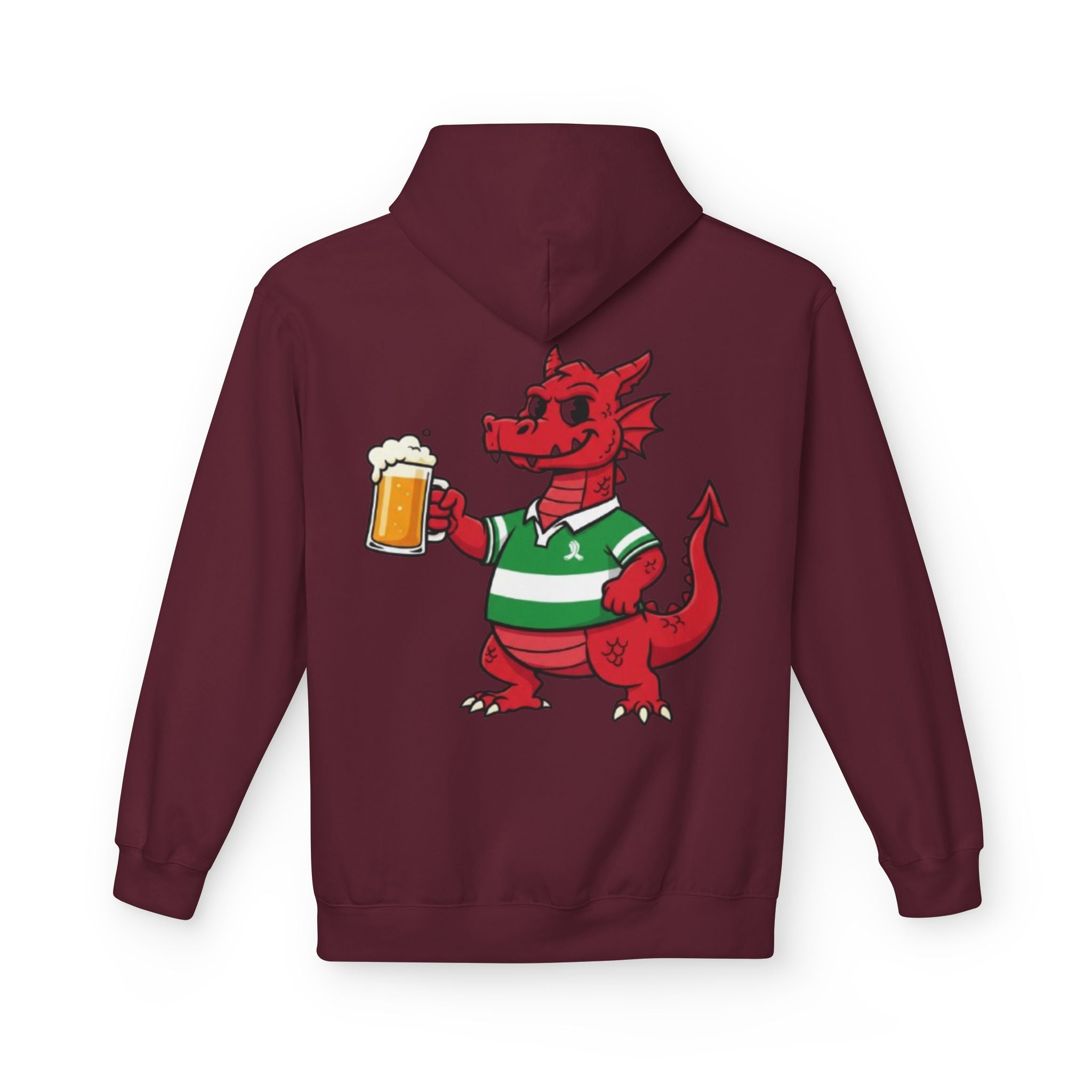 Welsh Dragon Drinking Beer Hoodie — Rugby Pub Fan Pullover