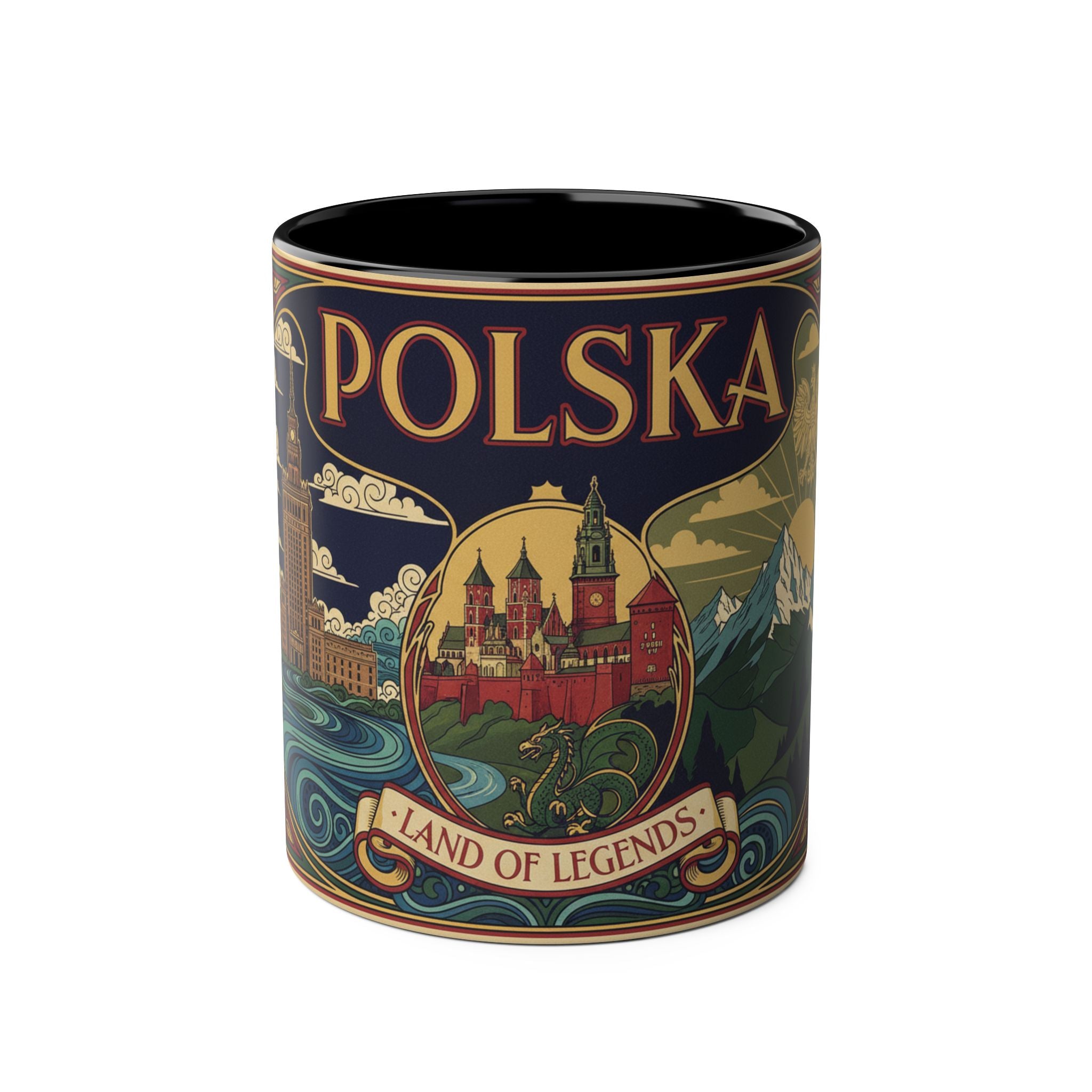 Polska 'Land of Legends' Two-Tone Coffee Mug — 11oz Polish Travel Poster Design