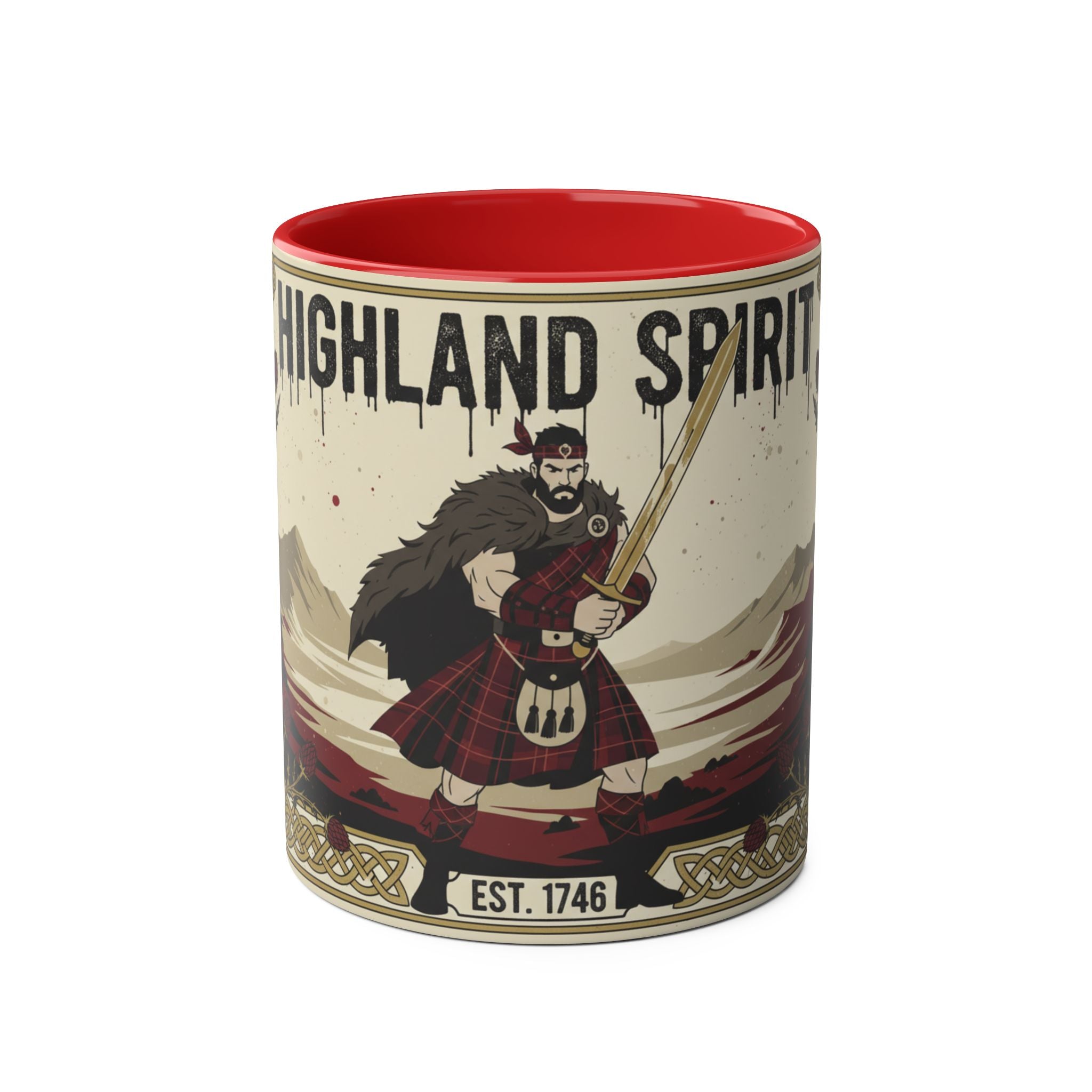 Highland Spirit Coffee Mug — Vintage Scottish Highlander 11oz Two-Tone Ceramic