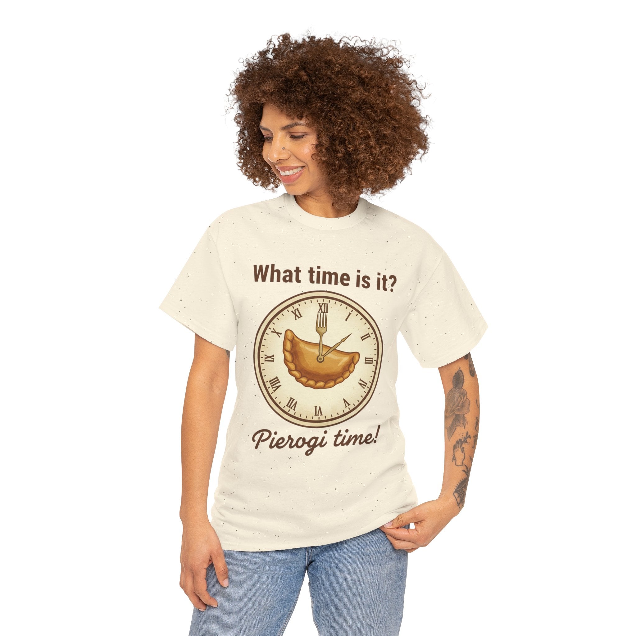Pierogi Time T‑Shirt — "What time is it? Pierogi time!" Vintage Clock Food Tee