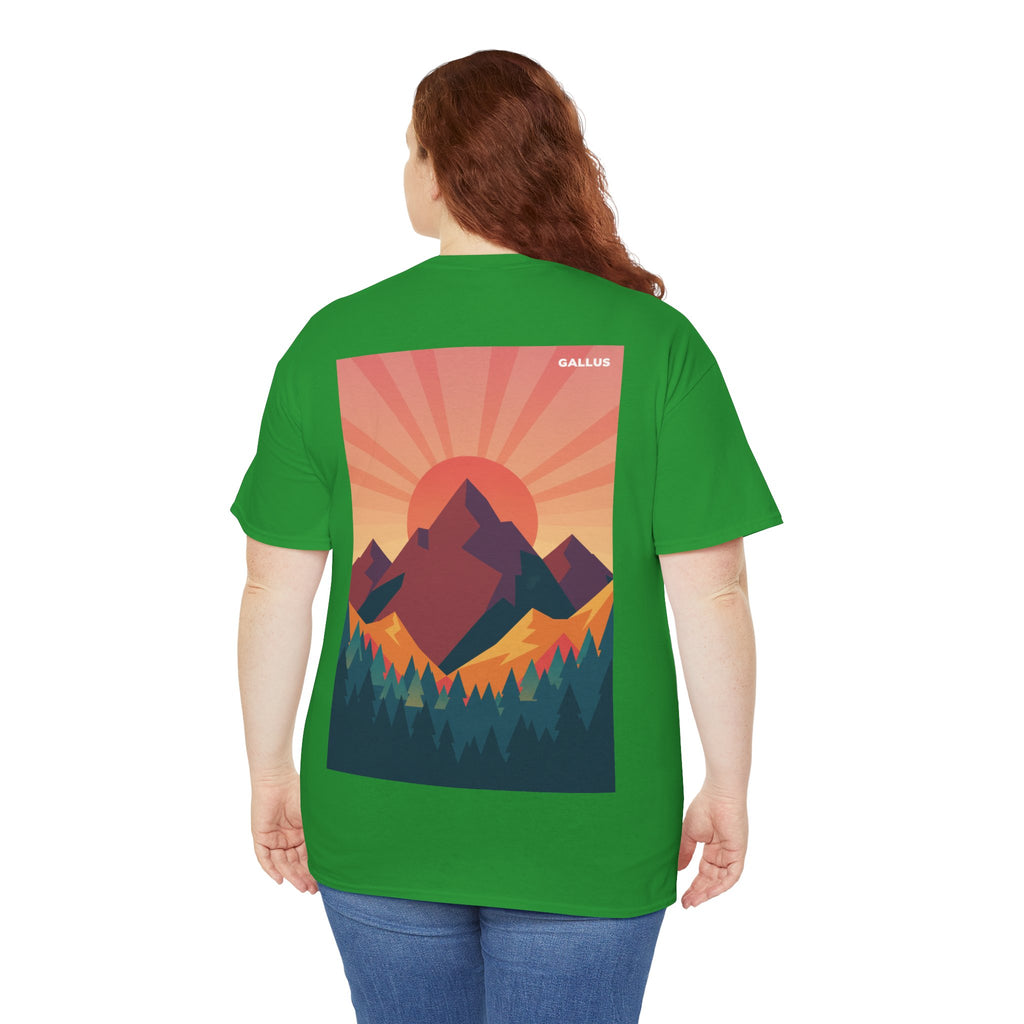 Mountain Sunset T-Shirt — Retro Nature Graphic Tee with 'GALLUS' Logo