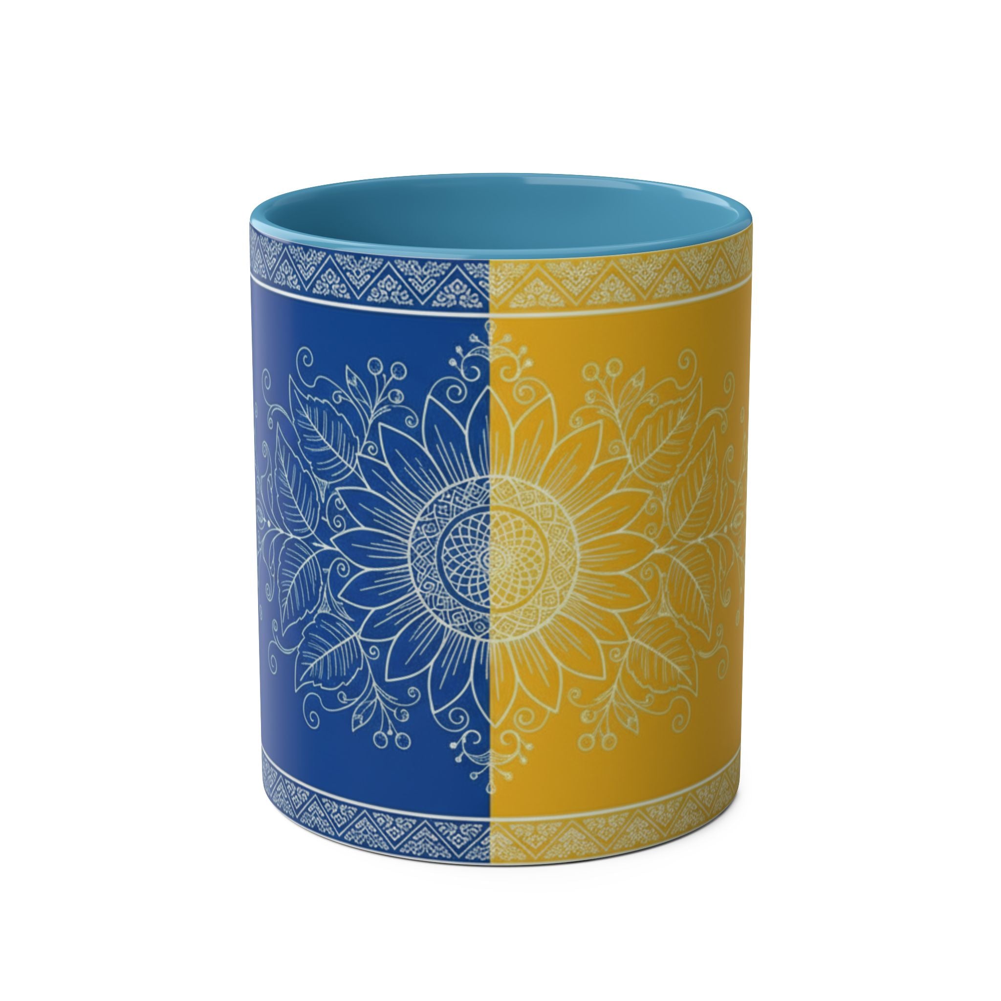 Sunflower Mandala Two-Tone Coffee Mug — Blue & Yellow 11oz
