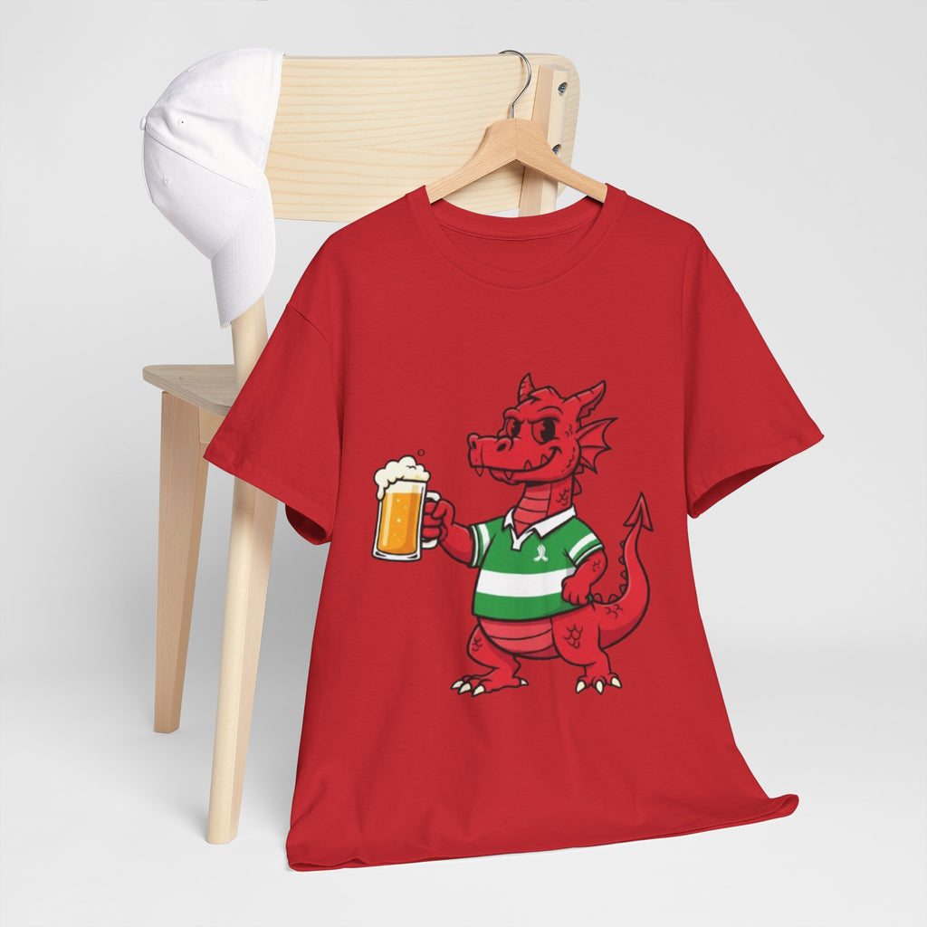 Dragon Cheers T‑Shirt — Cute Red Dragon Holding Beer Graphic Tee