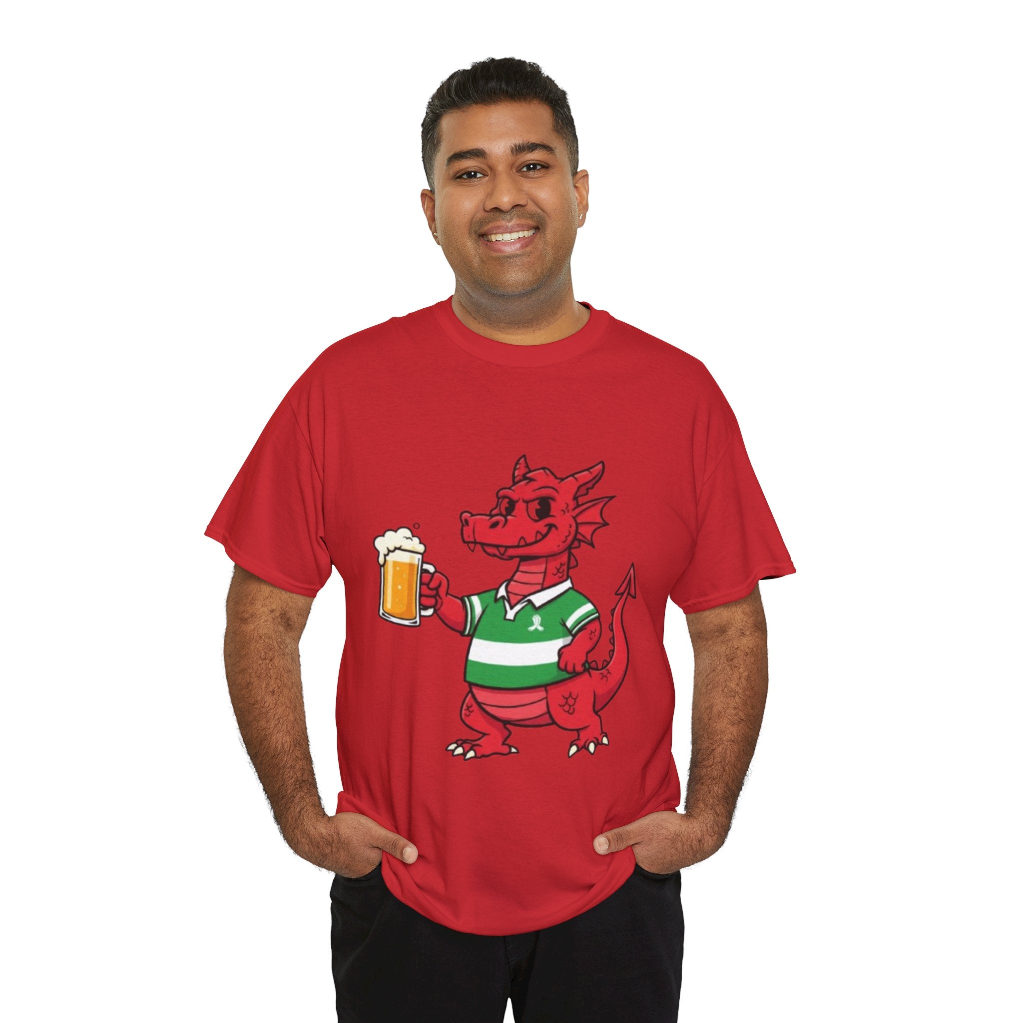 Dragon Cheers T‑Shirt — Cute Red Dragon Holding Beer Graphic Tee