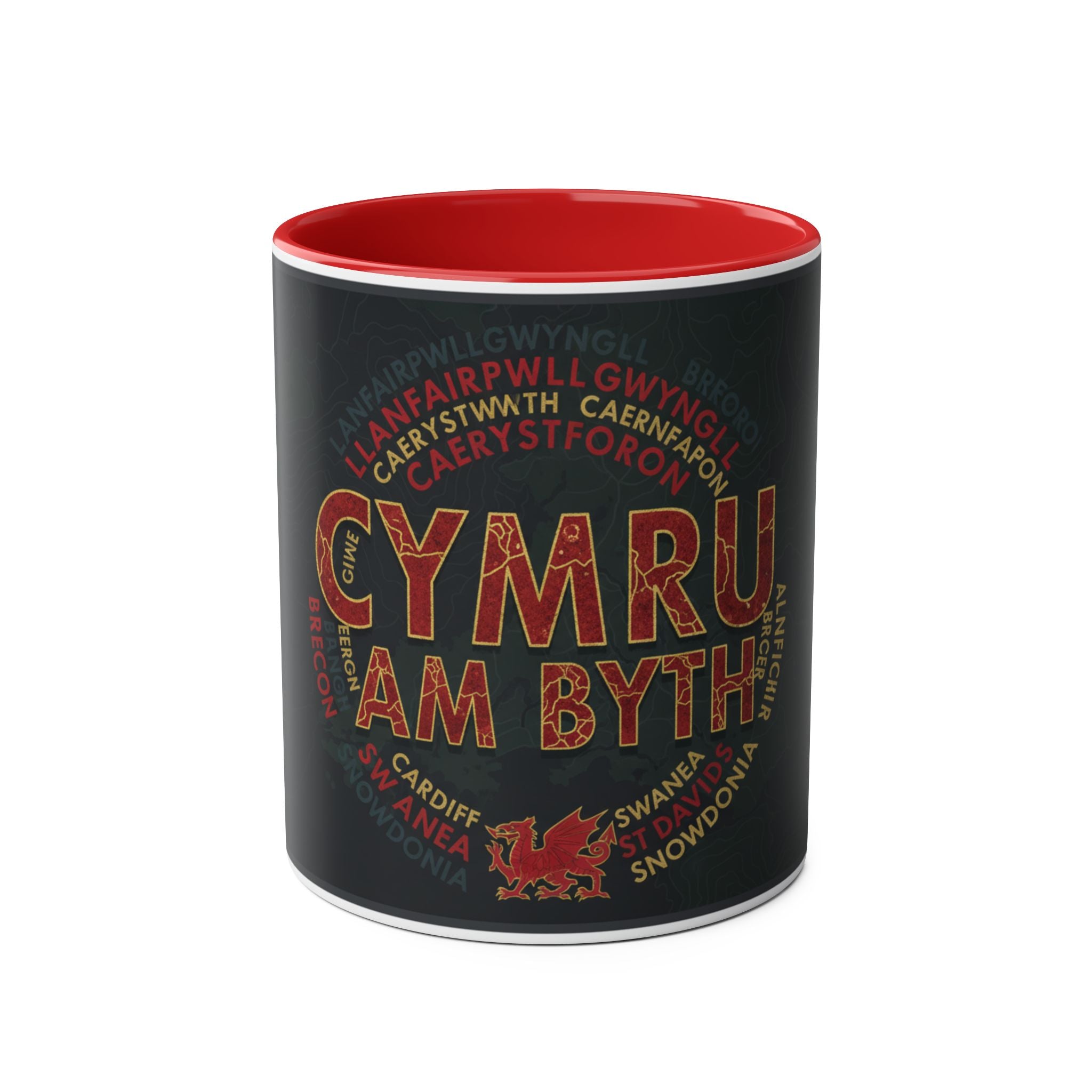 Cymru Am Byth Two-Tone 11oz Coffee Mug — Welsh Pride Map & Place Names