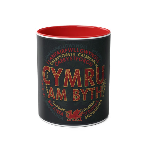 Cymru Am Byth Two-Tone 11oz Coffee Mug — Welsh Pride Map & Place Names