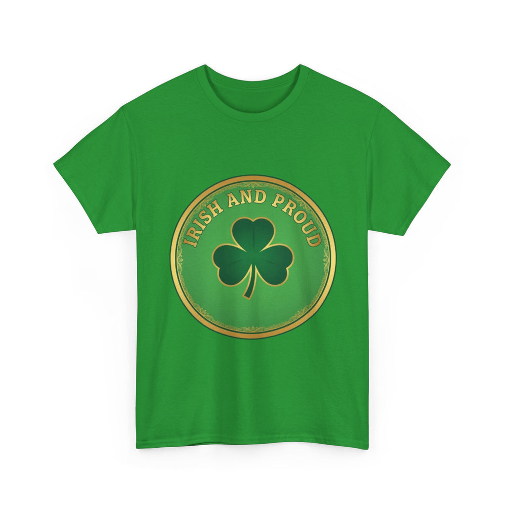 Irish and Proud T-Shirt — Green Shamrock Emblem Tee for St. Patrick's Day