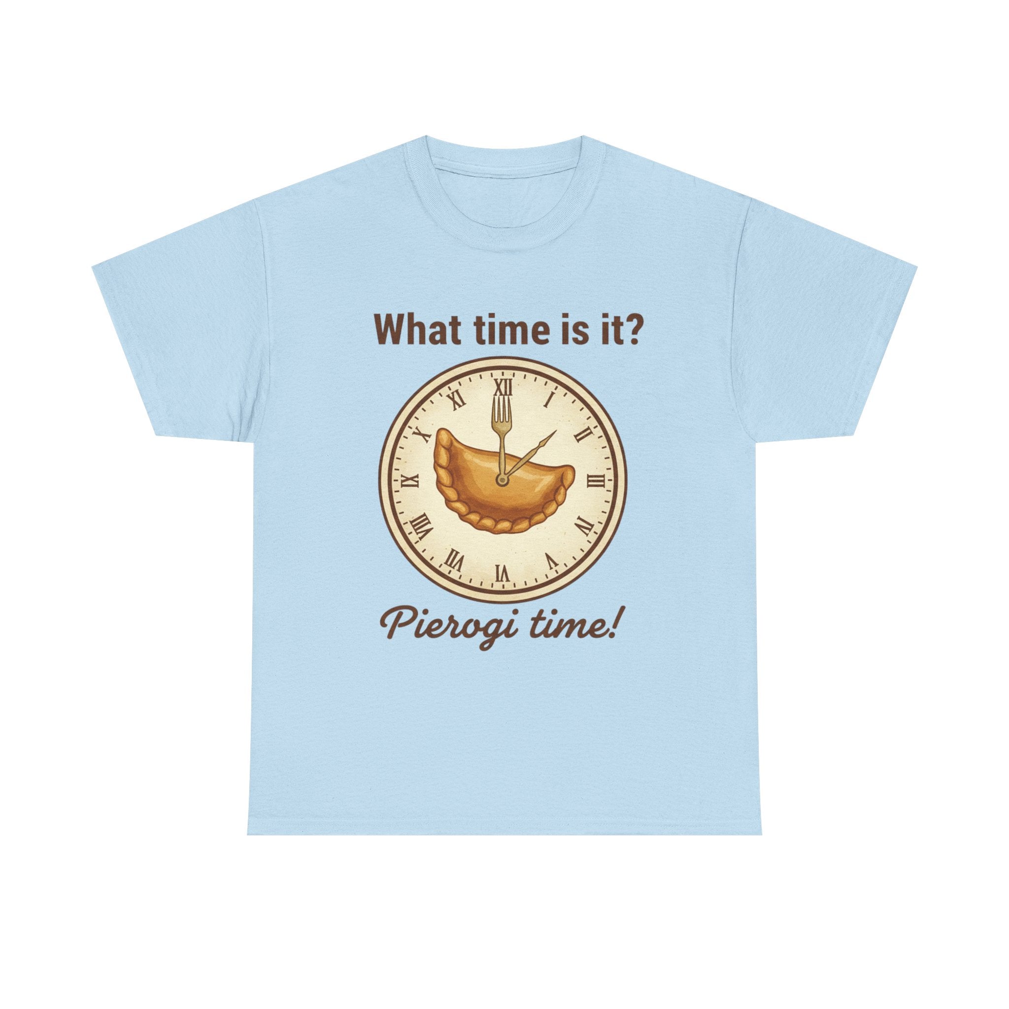 Pierogi Time T‑Shirt — "What time is it? Pierogi time!" Vintage Clock Food Tee