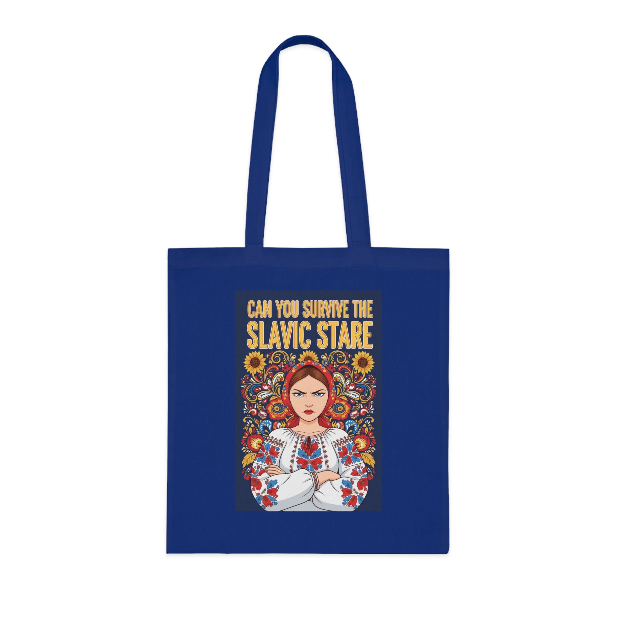 Slavic Stare Cotton Tote — Feminine Folk Art Reusable Bag ("Can You Survive the Slavic Stare")
