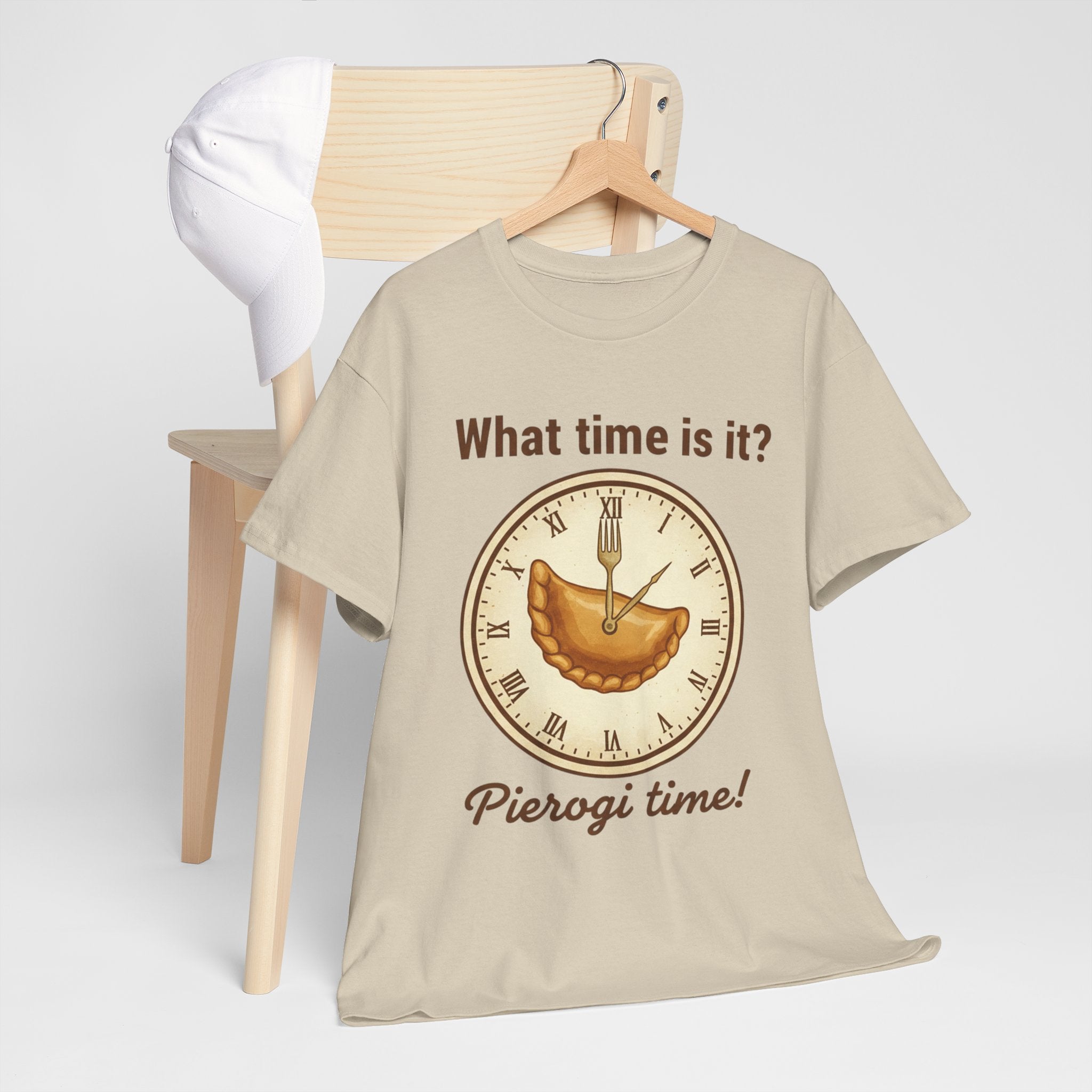 Pierogi Time T‑Shirt — "What time is it? Pierogi time!" Vintage Clock Food Tee