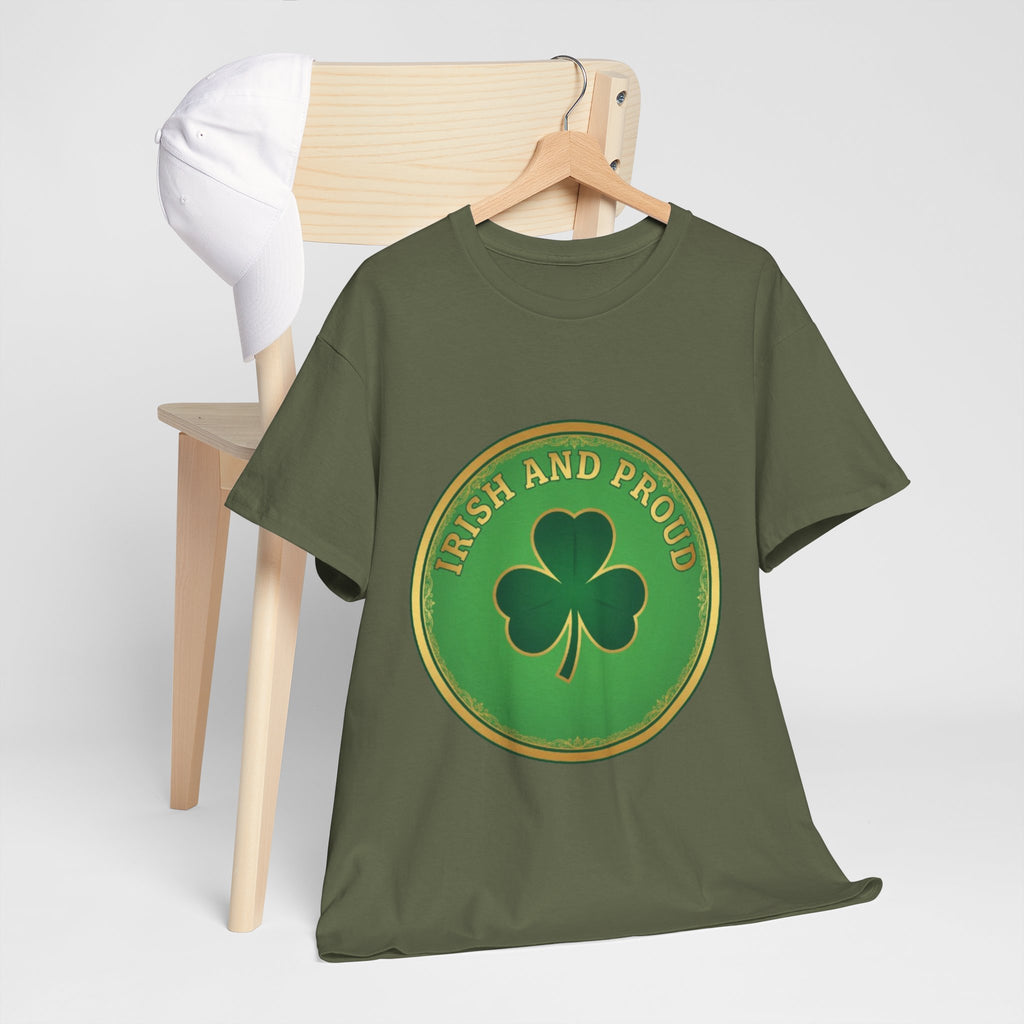 Irish and Proud T-Shirt — Green Shamrock Emblem Tee for St. Patrick's Day