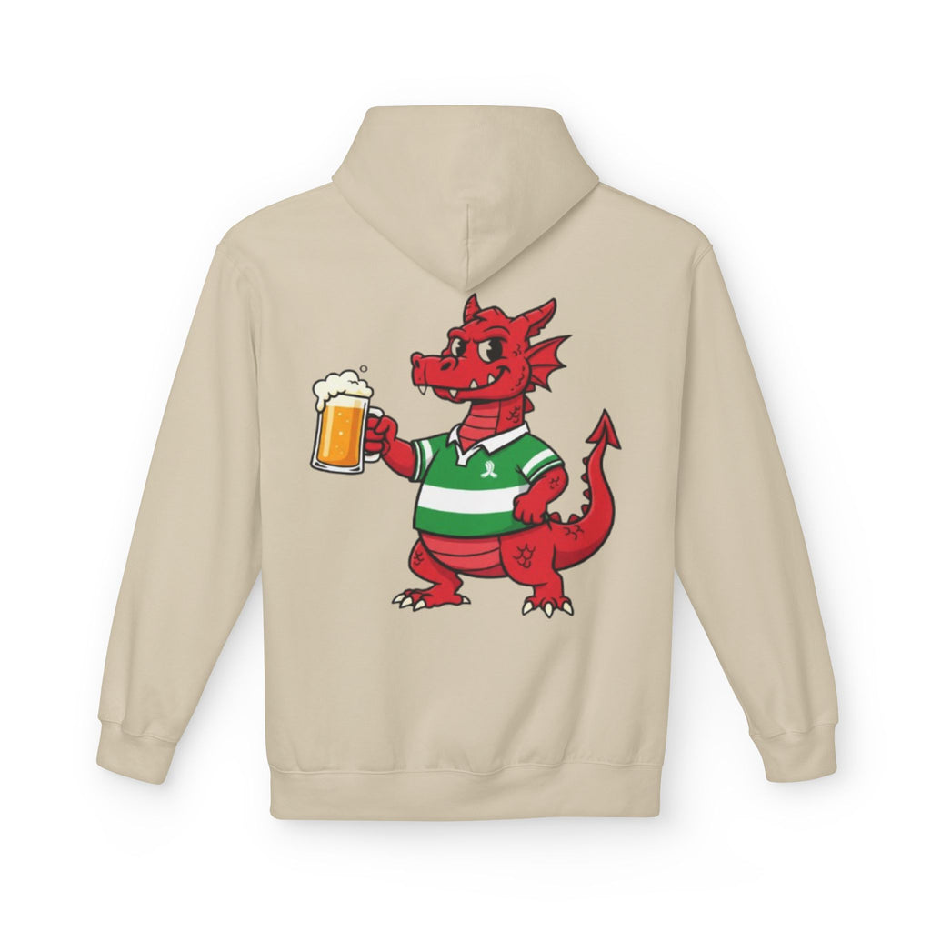 Welsh Dragon Drinking Beer Hoodie — Rugby Pub Fan Pullover