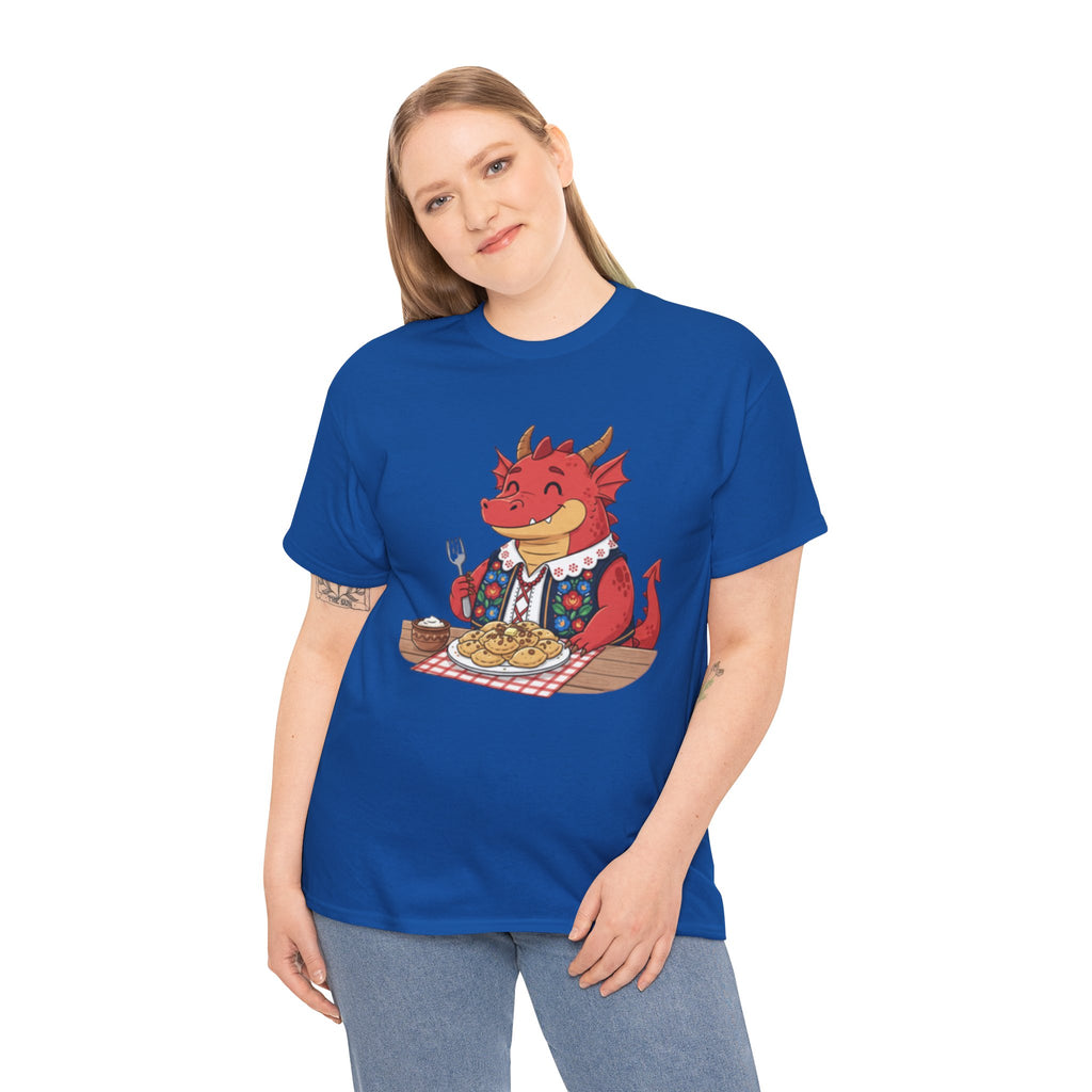 Dragon Eating Pierogi T-Shirt — "Mój nowy smok. Też lubi pierogi." Cute Polish Food Tee
