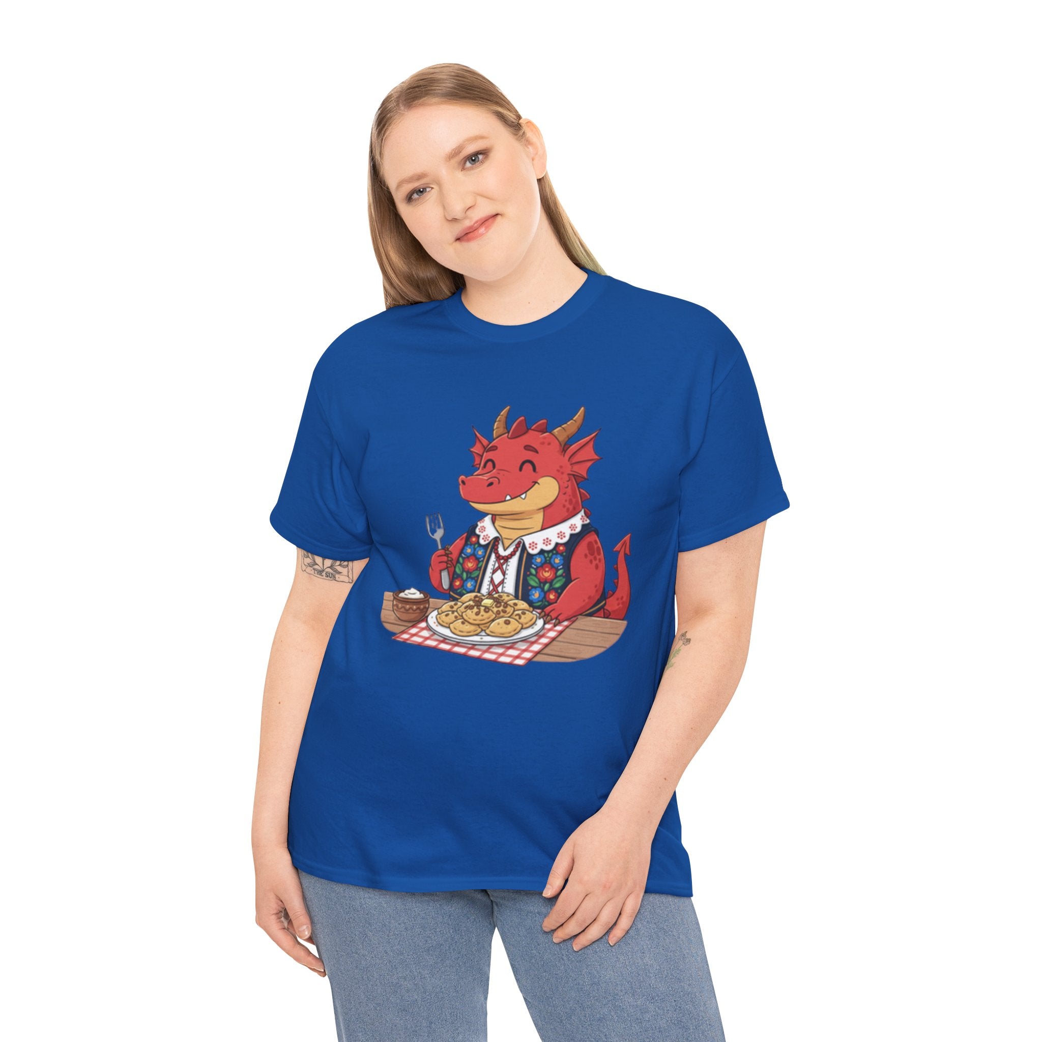 Dragon Eating Pierogi T-Shirt — "Mój nowy smok. Też lubi pierogi." Cute Polish Food Tee