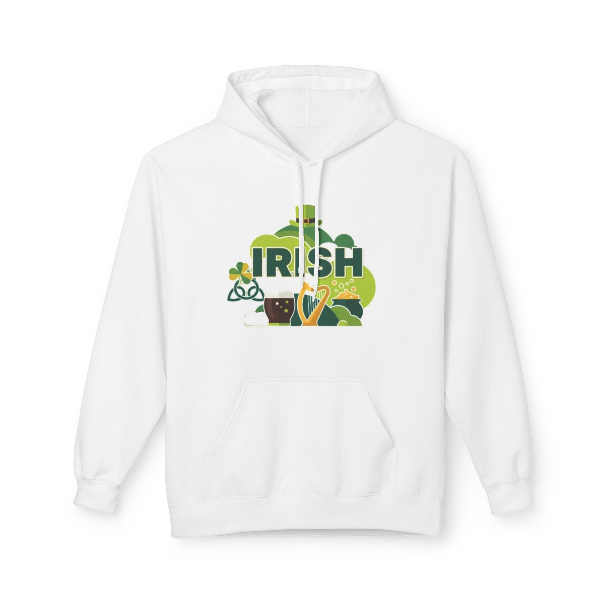 Irish St. Patrick's Day Hoodie — Shamrock, Leprechaun Hat & Pint Design