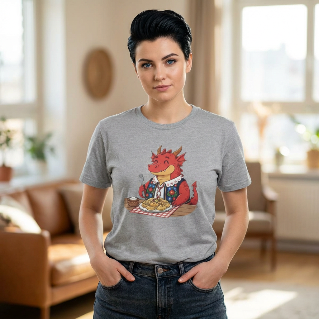 Dragon Eating Pierogi T-Shirt — "Mój nowy smok. Też lubi pierogi." Cute Polish Food Tee