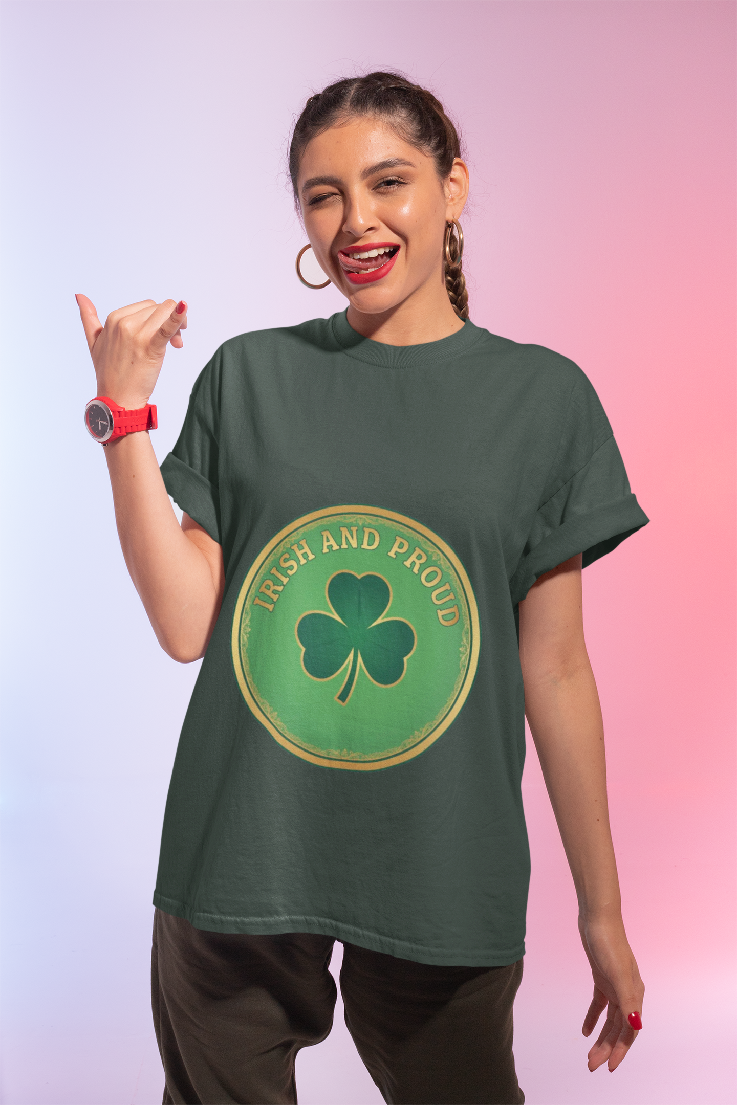 Irish and Proud T-Shirt — Green Shamrock Emblem Tee for St. Patrick's Day
