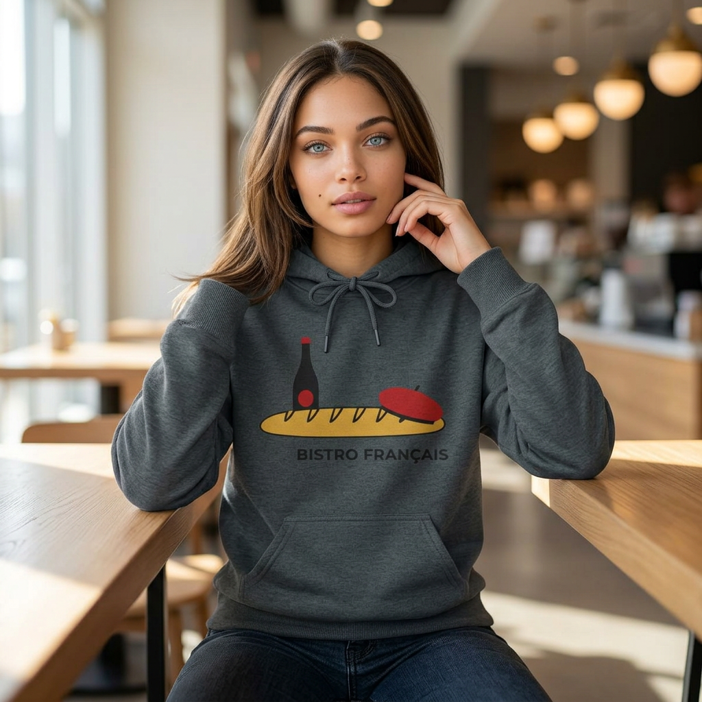Bistro Français Hoodie — French Bistro Bread, Wine & Beret Graphic