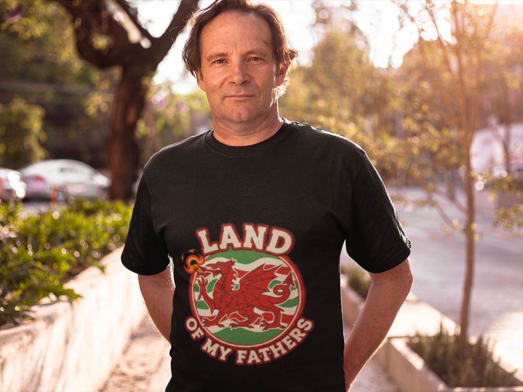 Land of My Fathers T‑Shirt — Welsh Dragon Vintage Crest Tee