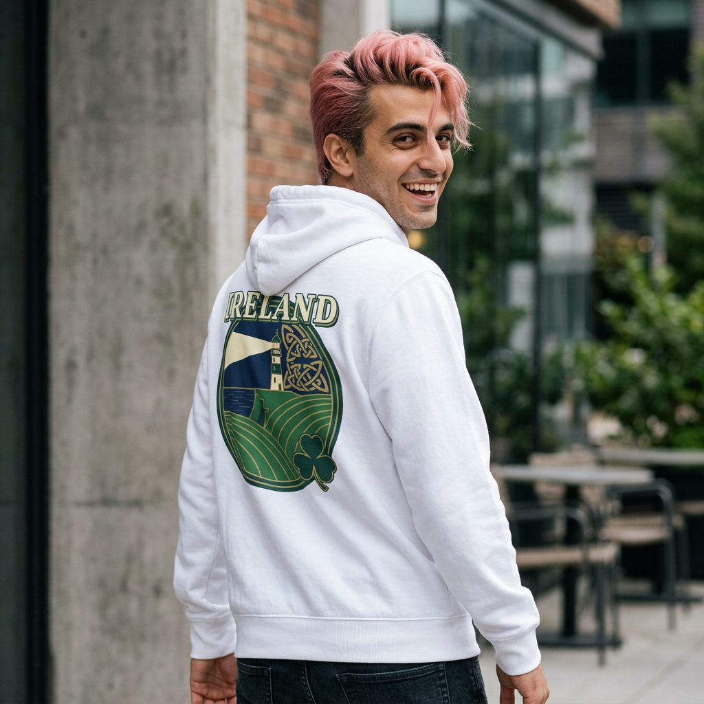Ireland Lighthouse Hoodie — Celtic Shamrock Travel Sweatshirt
