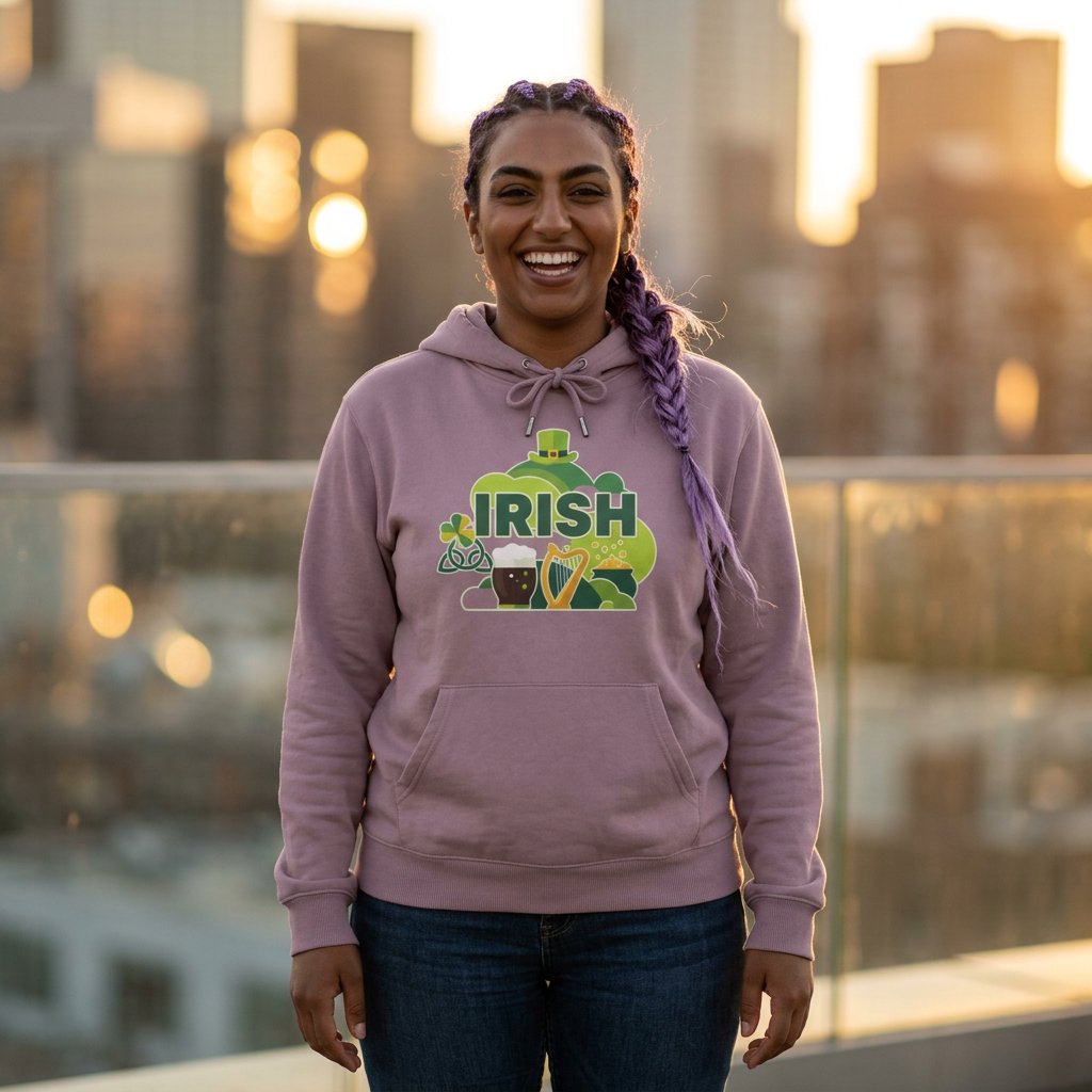 Irish St. Patrick's Day Hoodie — Shamrock, Leprechaun Hat & Pint Design