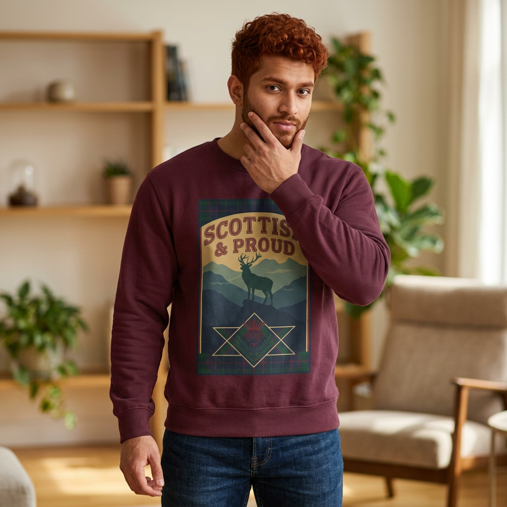 Scottish & Proud Sweatshirt — Retro Stag Mountain Design