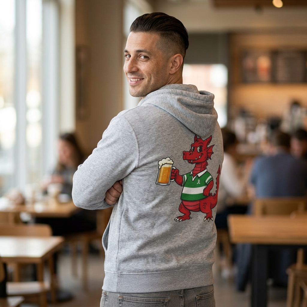 Welsh Dragon Drinking Beer Hoodie — Rugby Pub Fan Pullover