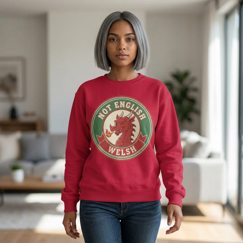 Welsh Dragon Sweatshirt - "Not English, Welsh" Retro Badge