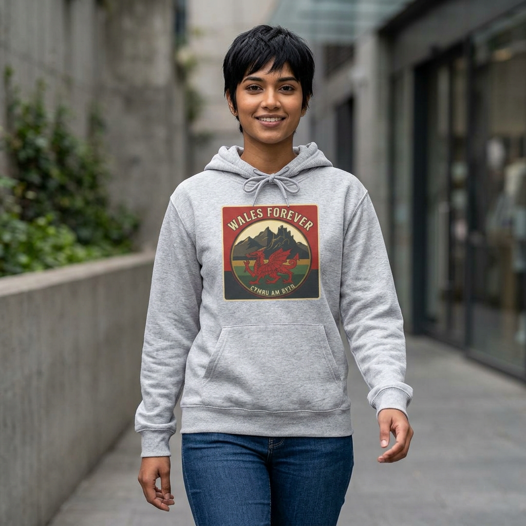 Wales Forever Hoodie — Vintage Welsh Dragon Mountain Graphic