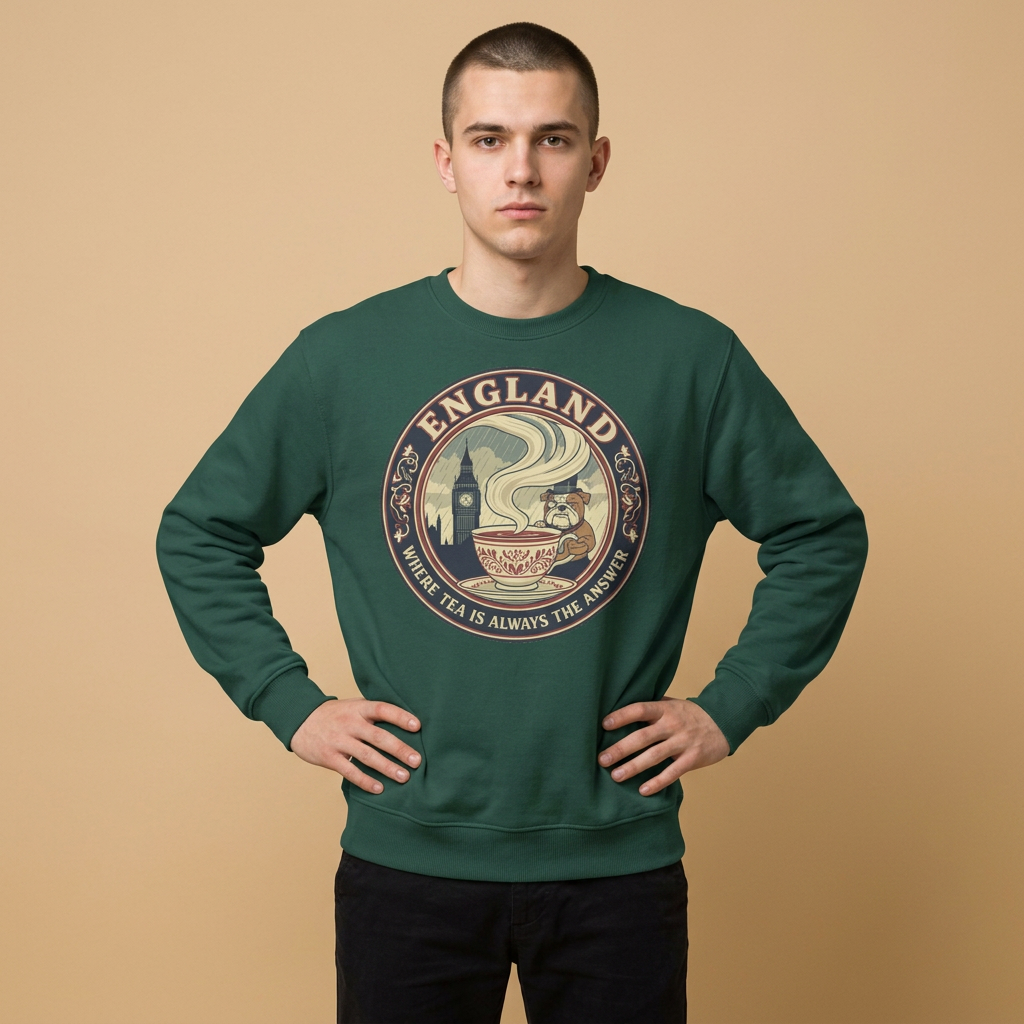 England Tea Sweatshirt - Vintage London Tea Cup Design ('Where Tea Is Always the Answer')