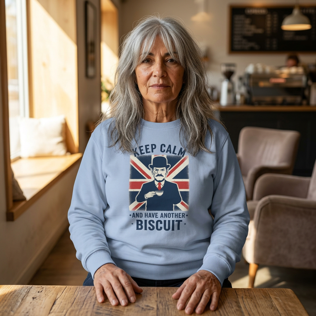 Keep Calm and Have Another Biscuit Sweatshirt — British Tea Time Graphic Sweatshirt