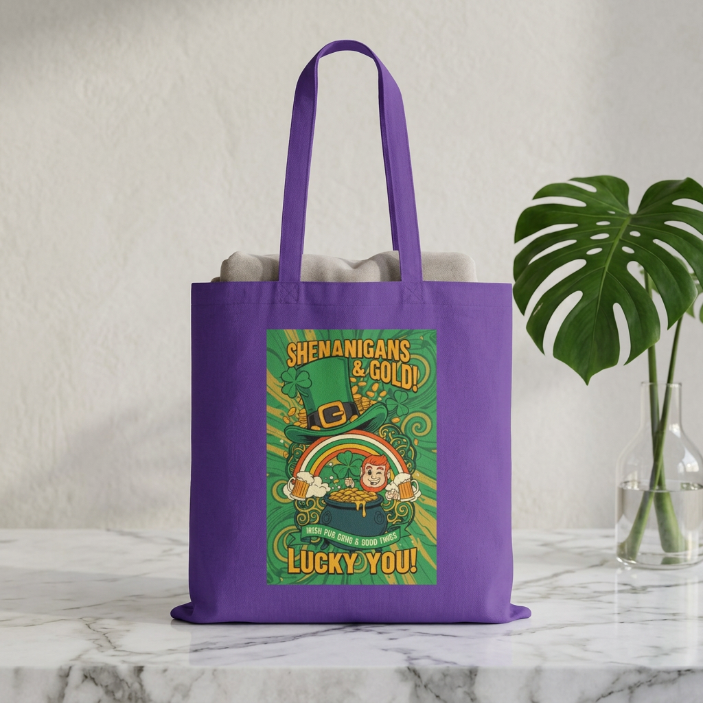 St. Patrick’s Day Tote Bag — “Shenanigans & Gold! Lucky You!” Cotton Grocery Tote