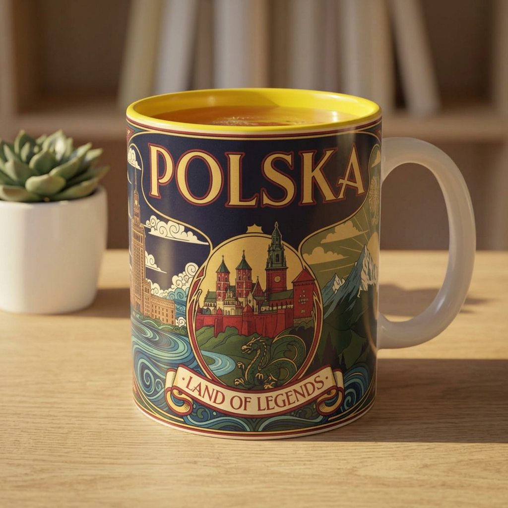 Polska 'Land of Legends' Two-Tone Coffee Mug — 11oz Polish Travel Poster Design