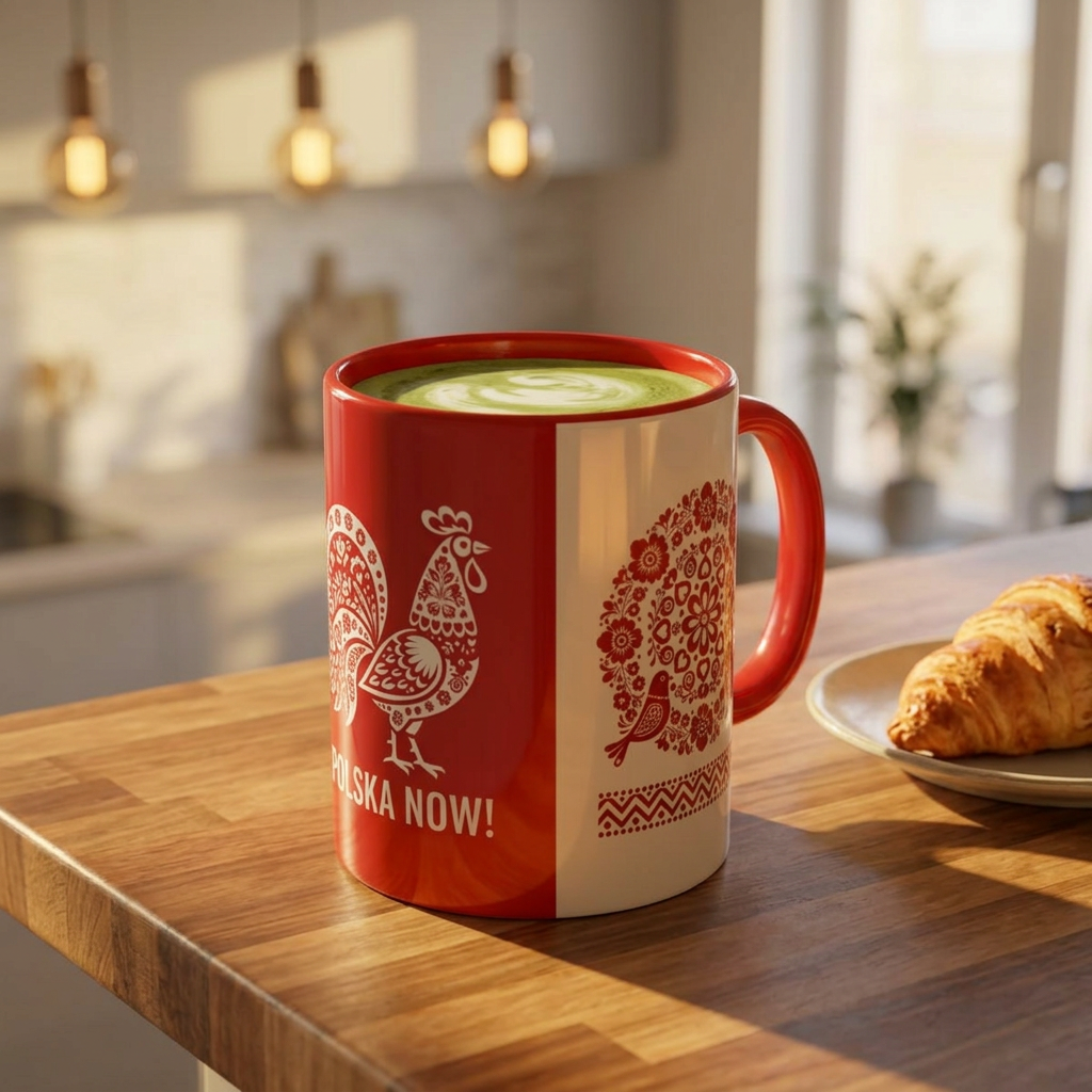 Polish Folk Rooster Coffee Mug — 'Polska Now!' Two-Tone 11oz Ceramic